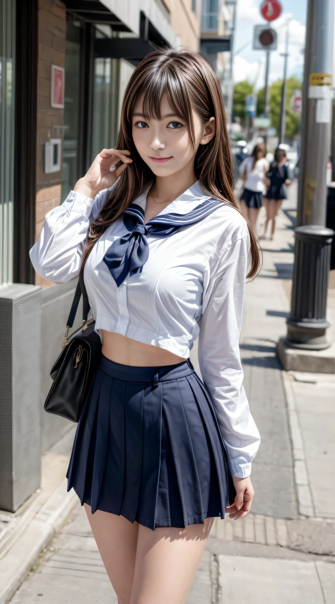 ((top-quality、8K、masterpiece:1.3))、foco nítido:1.2、Beautiful Women in Perfect Style:1.4、Slender Abs:1.2、((dark brown hair、Colossal tits:1.2))、(natural soft light、City Street:1.1)、Highly detailed facial and skin texture、A detailed eye、二重まぶた、Sexy schoolgirl in miniskirt sailor suit、A slight smil,She's turning away、T-back pants can be seen from the miniskirt.