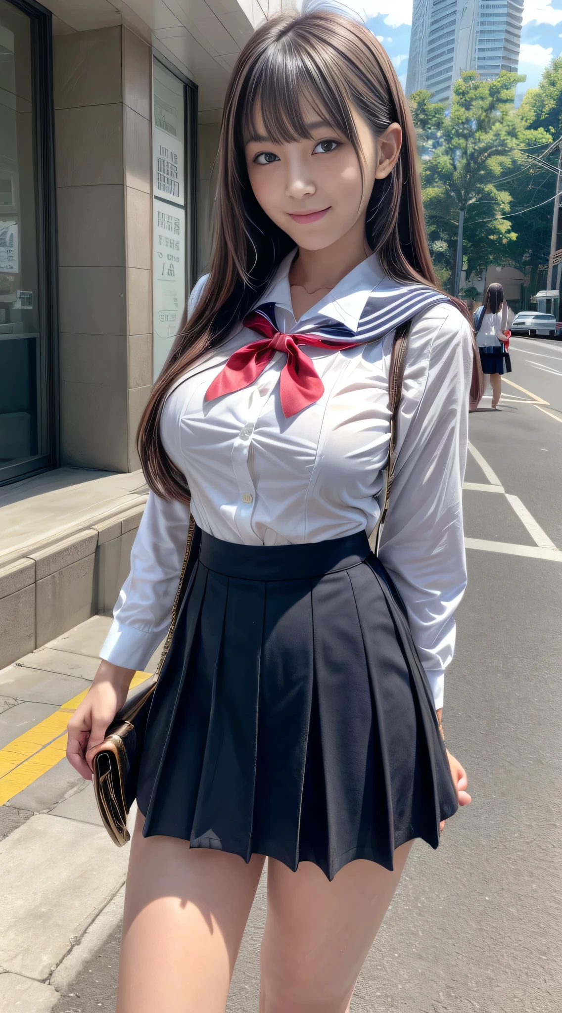 ((top-quality、8K、​masterpiece：1.3))、foco nítido：1.2、Beautiful Women in Perfect Style：1.4、Slender Abs：1.2、((dark brown hair、Colossal tits：1.2))、(natural soft light、City Street:1.1)、Highly detailed facial and skin texture、A detailed eye、二重まぶた、Sexy schoolgirl in miniskirt sailor suit、A slight smil,She's turning away、T-back pants can be seen from the miniskirt.