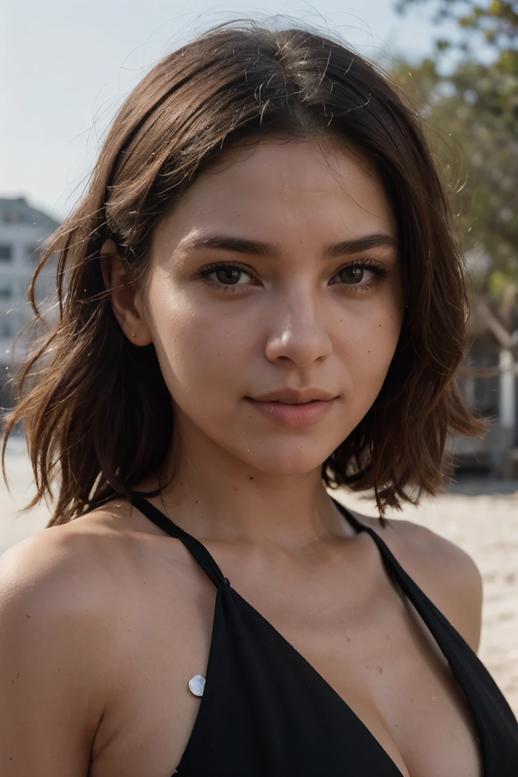 ((Photo on a beach)),Nikon Z 85mm, high resolution, a 20-year-old woman (((white skin color))), detailed face to perfection, Maria Carey's face, kim kardashian's body, sumptuous body, luminous smile, gracefully adapts to a chic Silhouette,((sun lighting with a little mist)),((in black dress)), very expressive position, high detail, ((hyperrealism)),(((cinematographic quality))),((skin pore detail))