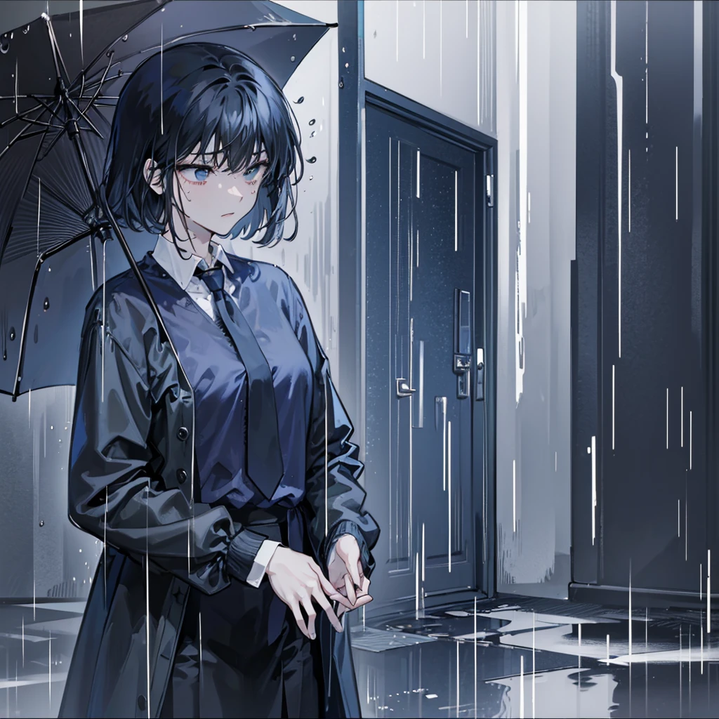 han sooyoung, 1girl, black suit, formal, shirt, pants, bangs, long sleeves, necktie, best quality, masterpiece, ultra-detailed, illustration, emotional, 1 girl, crying, short black hair, teardrops, teary eyes, devastated expression, dark and rainy environment, dim lighting, wet pavement, wet hair strands sticking to face, raindrops falling, reflective surfaces, lonely atmosphere, broken umbrella, puddles on the ground, somber color palette, subtle hints of blue and grey, delicate and nuanced shading, raw and vulnerable emotions, a sense of longing and sadness, close-up shot of the girl's face, capturing every tear and emotion.