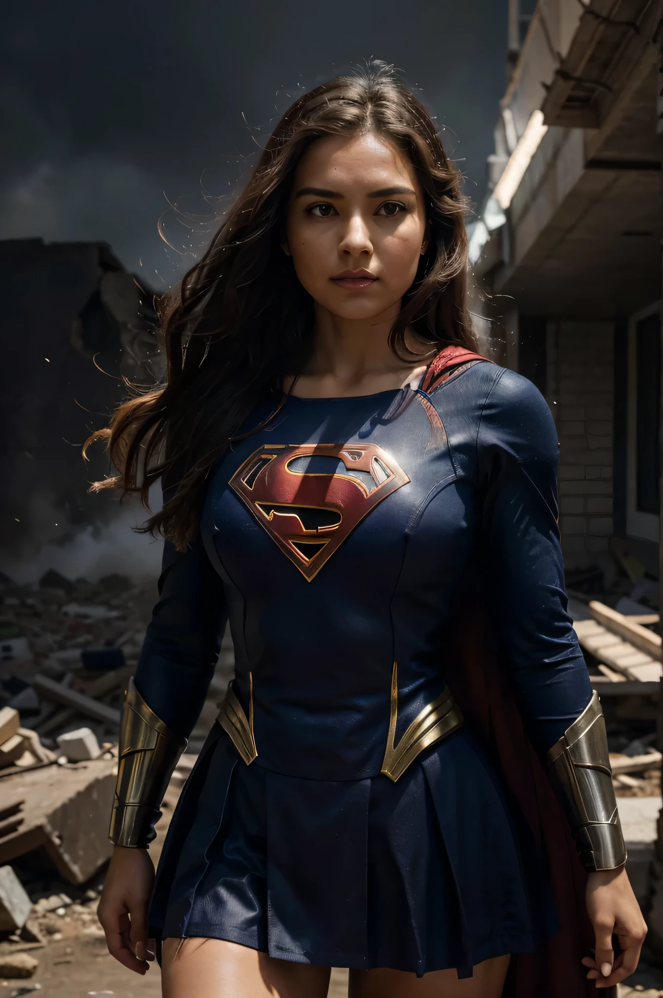 A fusion between Storm and Supergirl would result in a truly powerful and impressive heroine. Imagine uma figura majestosa, com Supergirl; Strength and determination combined with Storm's climactic powers and imposing presence. This heroine would have radiant skin and long hair that would blow in the wind, como se estivesse em constante movimento. His costume would be a mix of iconic elements from both characters......., combining the classic "s" da Supergirl com um design moderno e arrojado, incorporando tons de azul, prata e branco, na parte de baixo um biquinievocando a natureza tempestuosa da Tempestade. Em termos de personalidade, This heroine would be a natural leader, with an unshakable sense of Éclarice and a fierce determination. She would be compassionate and selfless, but would also have an aura of authority and wisdom, fruit of her experiences as a defender of her people. Sua postura seria confiante e imponente, conveying a sense of power and control. Quanto aos poderes, This merger would have the best of both worlds. Ela seria capaz de voar em alta velocidade, has super strength and invulnerability, Supergirl characteristics, in addition to controlling the climate, criar tempestades e manipular os elementos, herdando os poderes da Tempestade. His presence would be striking, transmitindo coragem, compassion and unwavering determination. She would be a true keeper, able to face challenges with grace and power, becoming a symbol of hope for all, with a striking presence and an aura of grandeur that would highlight her as a true force of nature. I hope this description meets your expectations! Destroyed buildings