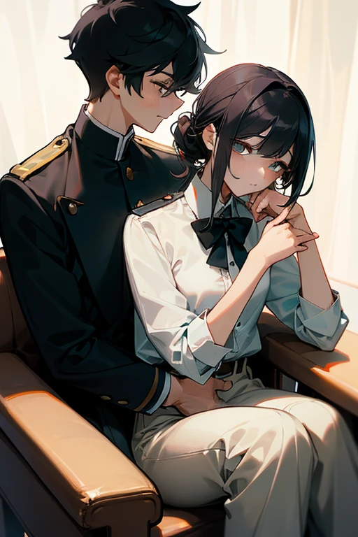 top-quality tmasterpiece Male and female couples The girl sits in a chair,Wear tight skirts and shirts。The boys hugged each other from behind。Boy in high school trouser uniform,The hairstyle is cut for mashed potatoes。Without glasses、Revenge relationship