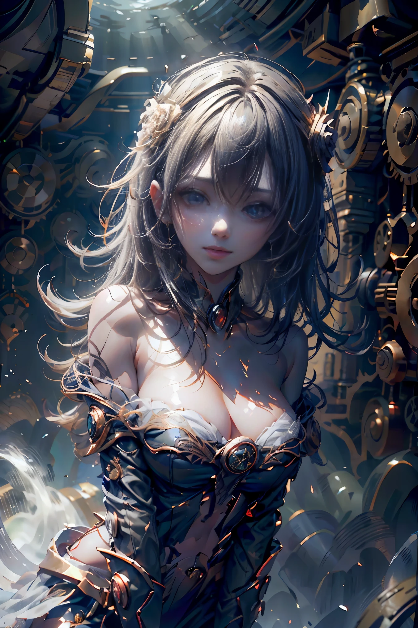 solamente, Super fine photo, Unreal Engine 5 8K UHD digital art portrait of a girl, Arte conceptual, character concept design, wearing a tight, shiny white dress with metallic details, corona de oro, ojos azules, fantasy princess, guante metalico, cabello largo y rubio, La mejor calidad, Obra maestra, Super detailed, foco nítido, pose Sujestiva y sexy y inocente y. Mirada al espectador. Leve sonrisa.