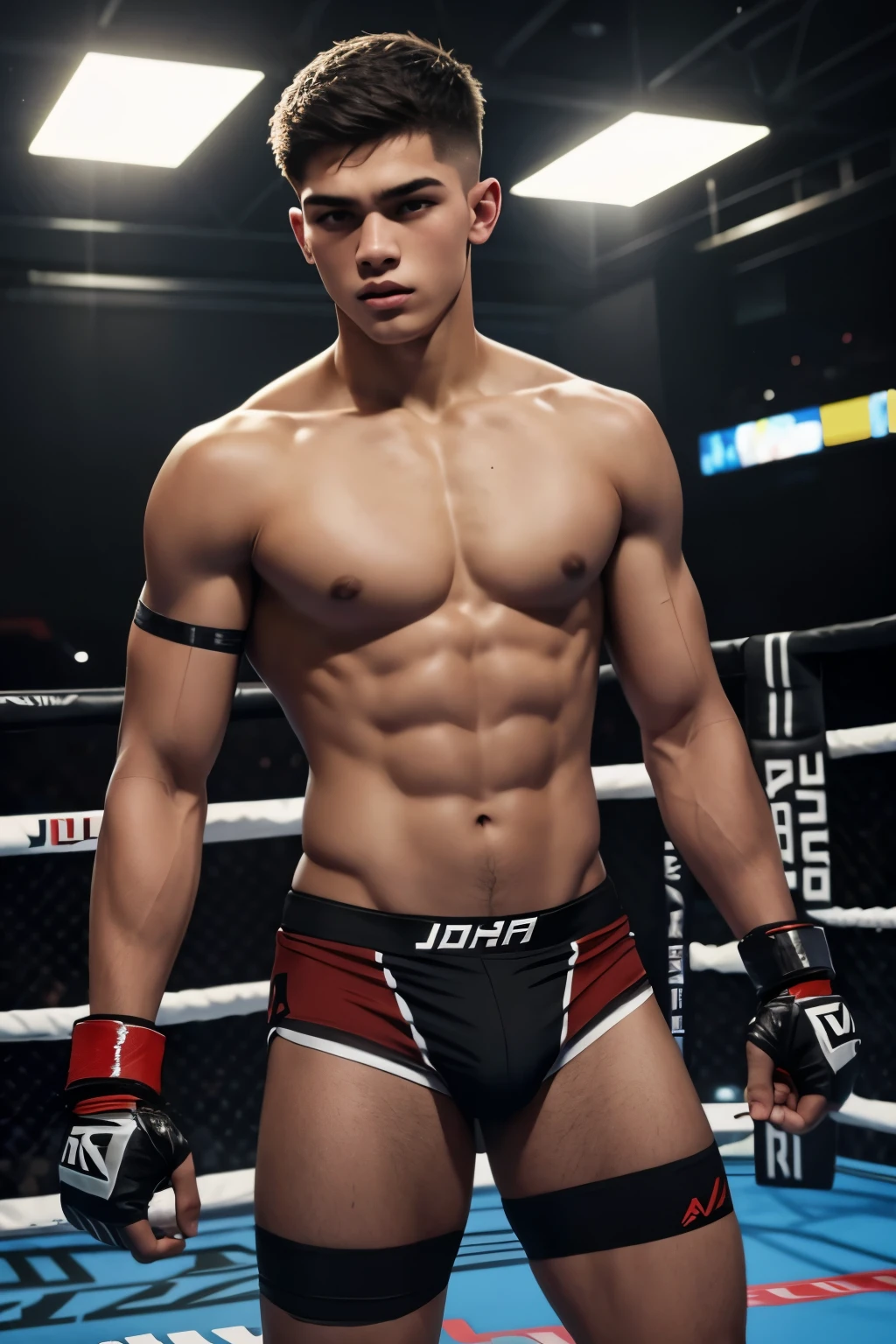 handsome age MMA fighter wearing jockstrap, very short hair, futuristic arena
