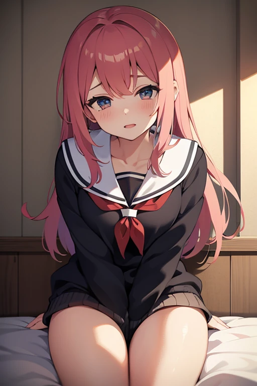 Beautiful illustration, Best Quality,(12-year-old girl:1.5)、(cute petit girl:1.6)、Lori、flat chest、(Pillowcase、orgasm、red blush、Teary-eyed、convulsion:1.4)、(Long sleeve sailor suit、White sailor suit、blue sailor collar:1.2)、(Pink Chino Shorts、Shorts with a wide hem:1.2)、Gap between thigh and shorts、Clean thighs、White socks、Beautiful blue eyes, (Blue eyes without highlights)、Cinematic lighting, (Long pink hair)、((pink straight hair))、(Ashamed:1.2)、Redness of the cheeks、