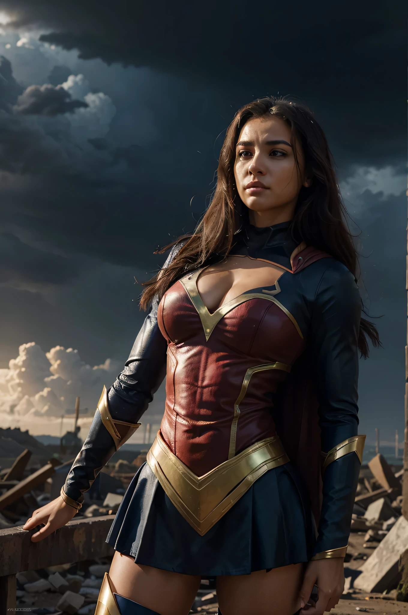 A fusion between Storm and Supergirl would result in a truly powerful and impressive heroine. Imagine uma figura majestosa, com Supergirl; Strength and determination combined with Storm's climactic powers and imposing presence. This heroine would have radiant skin and long hair that would blow in the wind, como se estivesse em constante movimento. His costume would be a mix of iconic elements from both characters........., combining the classic "s" da Supergirl com um design moderno e arrojado, incorporando tons de azul, prata e branco, na parte de baixo um biquinievocando a natureza tempestuosa da Tempestade. Em termos de personalidade, This heroine would be a natural leader, with an unshakable sense of Éclarice and a fierce determination. She would be compassionate and selfless, but would also have an aura of authority and wisdom, fruit of her experiences as a defender of her people. Sua postura seria confiante e imponente, conveying a sense of power and control. Quanto aos poderes, This merger would have the best of both worlds. Ela seria capaz de voar em alta velocidade, has super strength and invulnerability, Supergirl characteristics, in addition to controlling the climate, criar tempestades e manipular os elementos, herdando os poderes da Tempestade. His presence would be striking, transmitindo coragem, compassion and unwavering determination. She would be a true keeper, able to face challenges with grace and power, becoming a symbol of hope for all, with a striking presence and an aura of grandeur that would highlight her as a true force of nature. I hope this description meets your expectations! Destroyed buildings,roupa de banho, estonteante, biquini