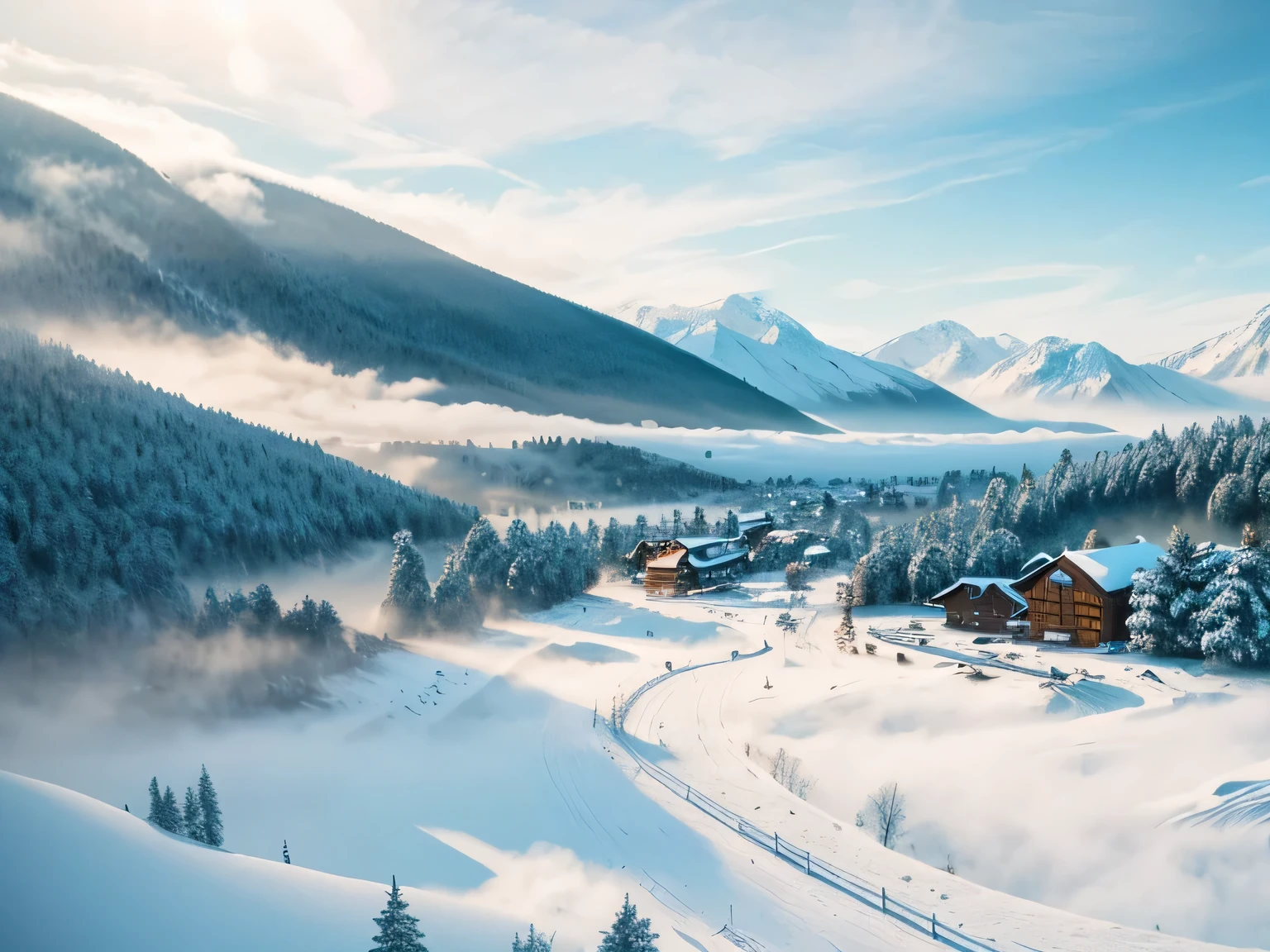 village in the field, snowing, woods, mountains, Day, mist, adventure, Fantasy, From directly above