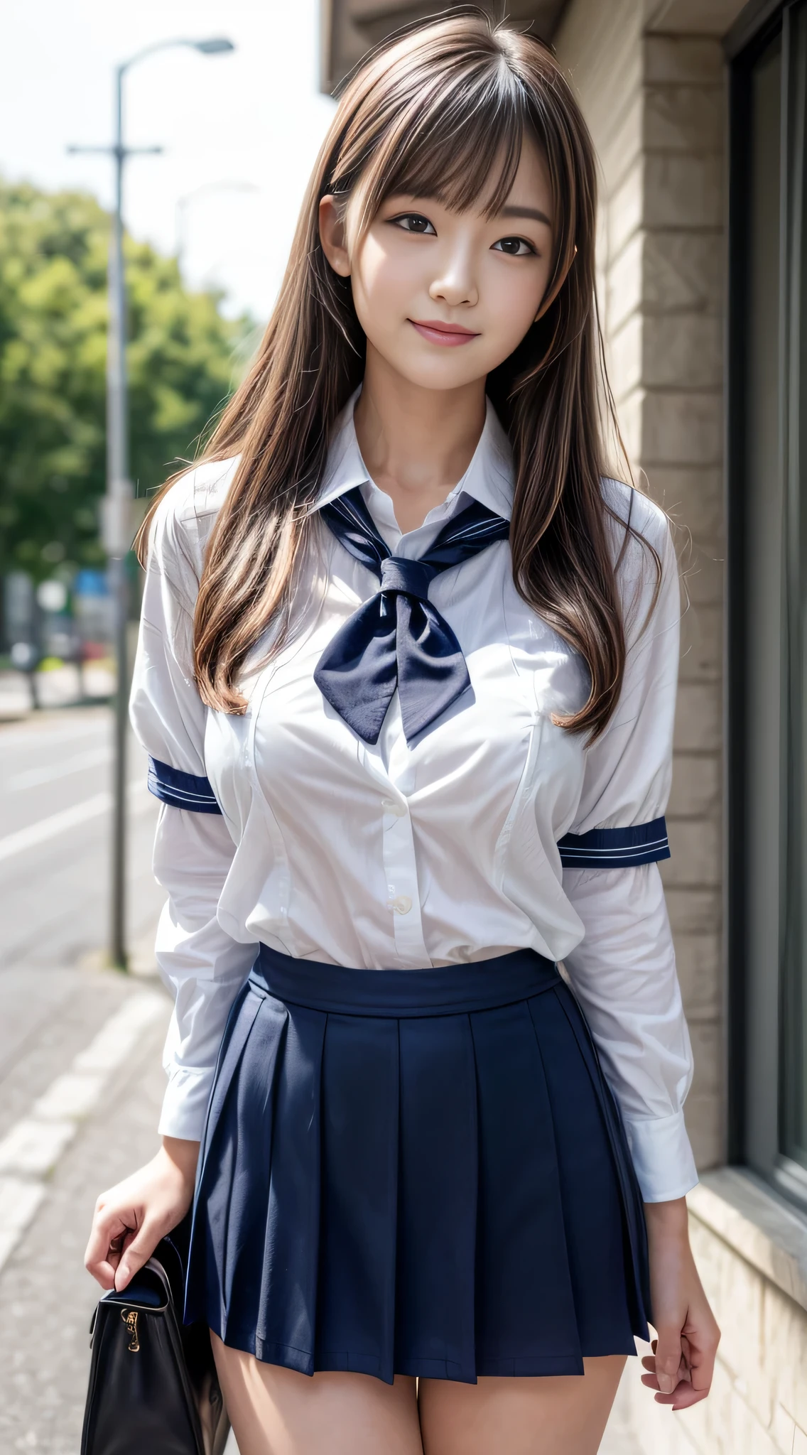((top-quality、8K、​masterpiece：1.3))、foco nítido：1.2、Beautiful Women in Perfect Style：1.4、Slender Abs：1.2、((dark brown hair、Colossal tits：1.2))、(natural soft light、City Street:1.1)、Highly detailed facial and skin texture、A detailed eye、二重まぶた、Sexy girl in miniskirt sailor suit、A slight smil,She's turning away、T-back pants can be seen from the miniskirt.