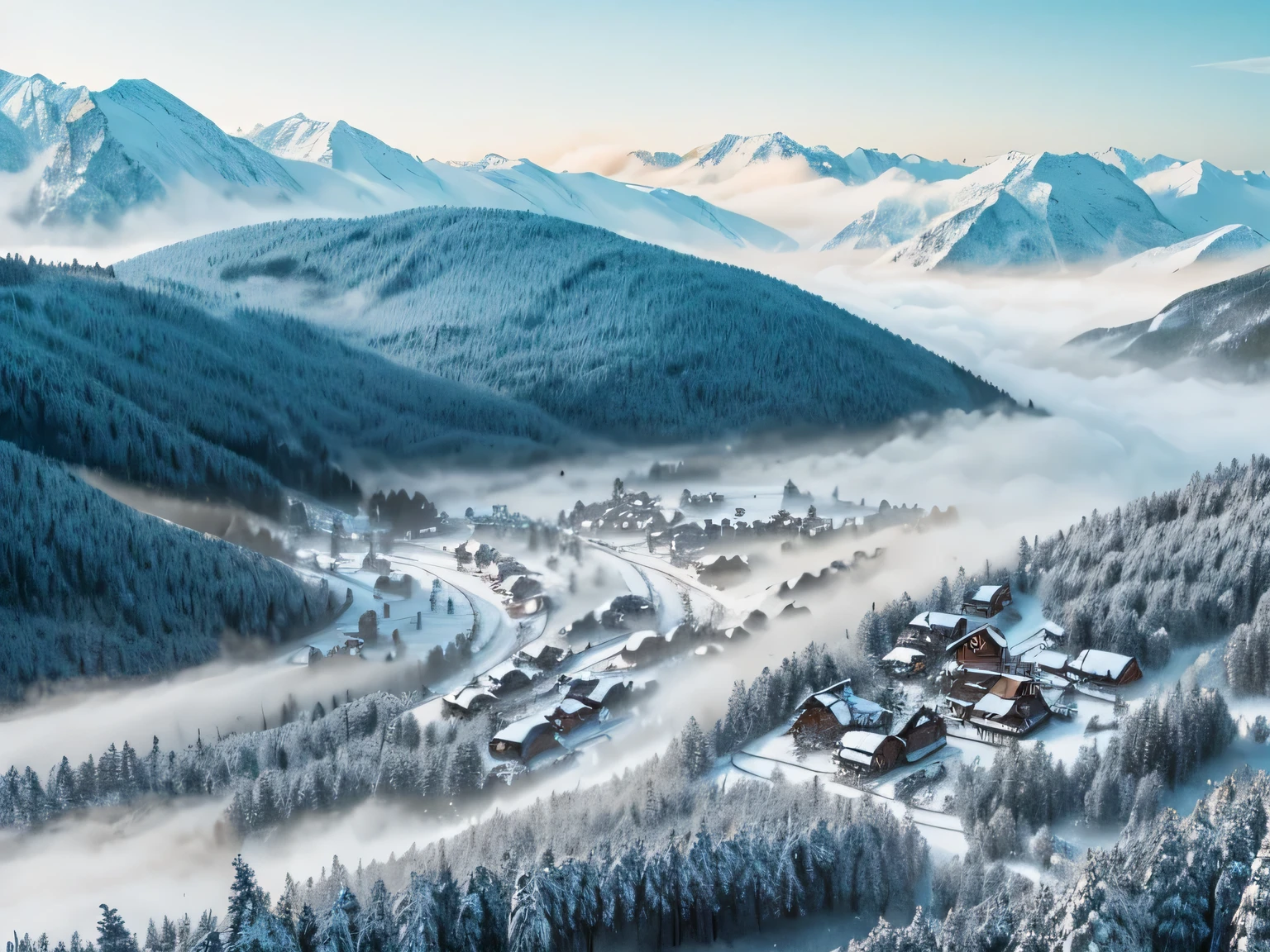 village in the field, snowing, woods, mountains, Day, mist, adventure, Fantasy, From directly above