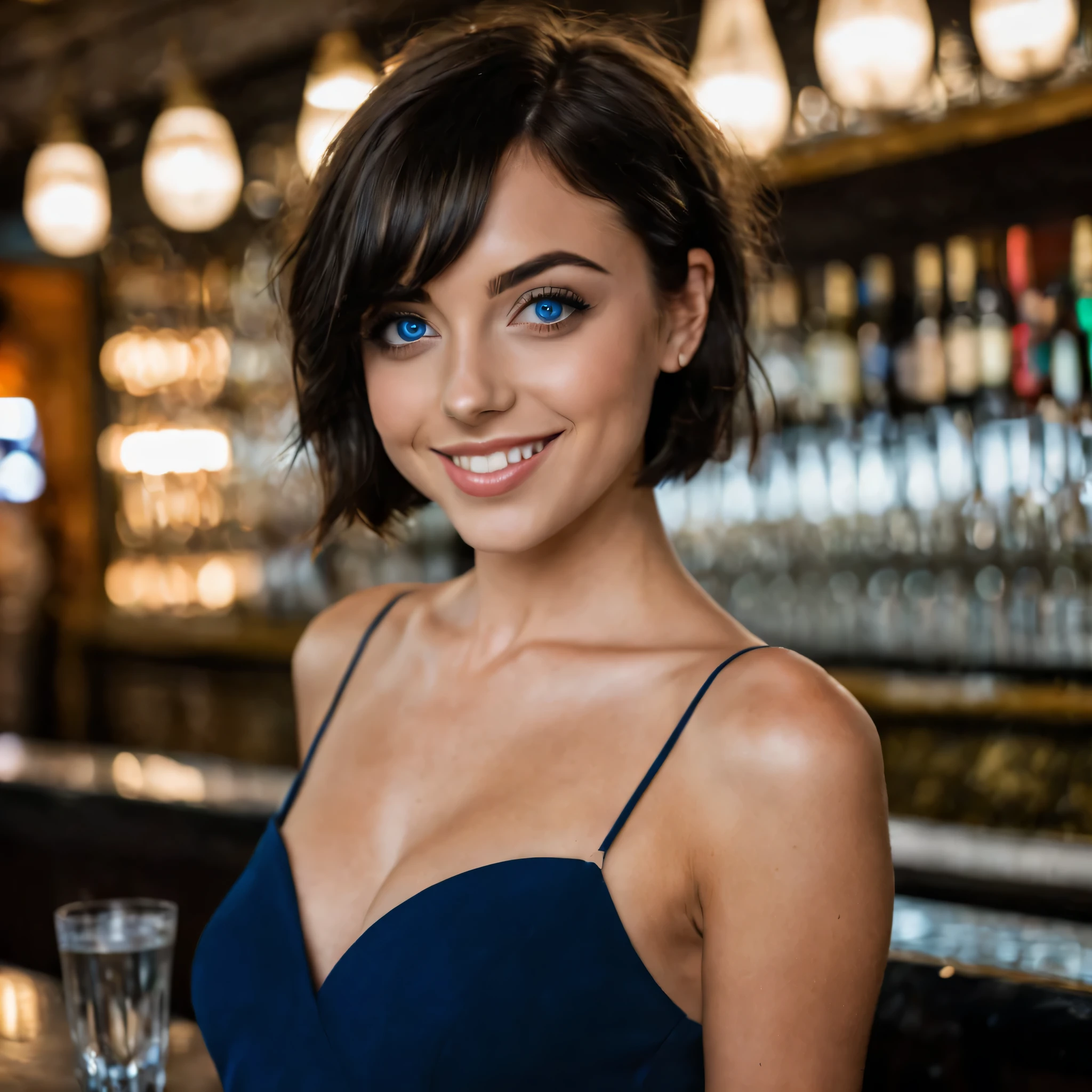 blue eyed brunette girl, black short hair (bob short hair:1.2), oval face, beautiful face, smile, Beautiful details eye, glossy eyes with high detail ((deep blue eyes)), ((Joana Gate 23 years old)), ((instagram model)), (fit body:1.5), nice hips, aesthetic body,(medium breasts), (perking tits), (looking at the camera) and flirting with camera, sexy dress | in bar | high quality
