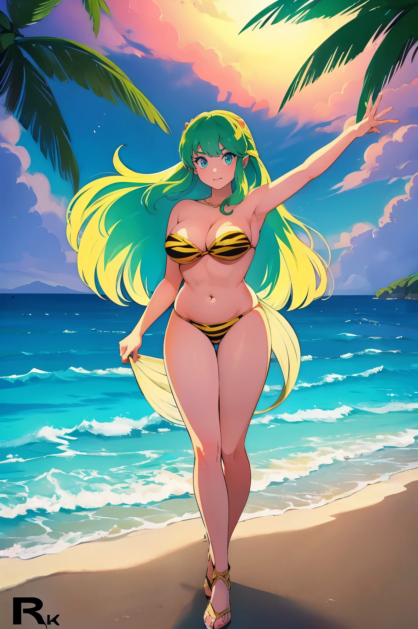 In style of Argerm, (best quality,4k,8k,highres,masterpiece:1.2),ultra-detailed,(r:1.37), vibrant colors, lum, lighting, beach scenery, bikini model, standing tall and confident, full body emphasis, alluring curves, prominent and voluptuous breasts, captivating green hair flowing in the wind, thunderous aura surrounding her, sharp, majestic horns protruding from her head.