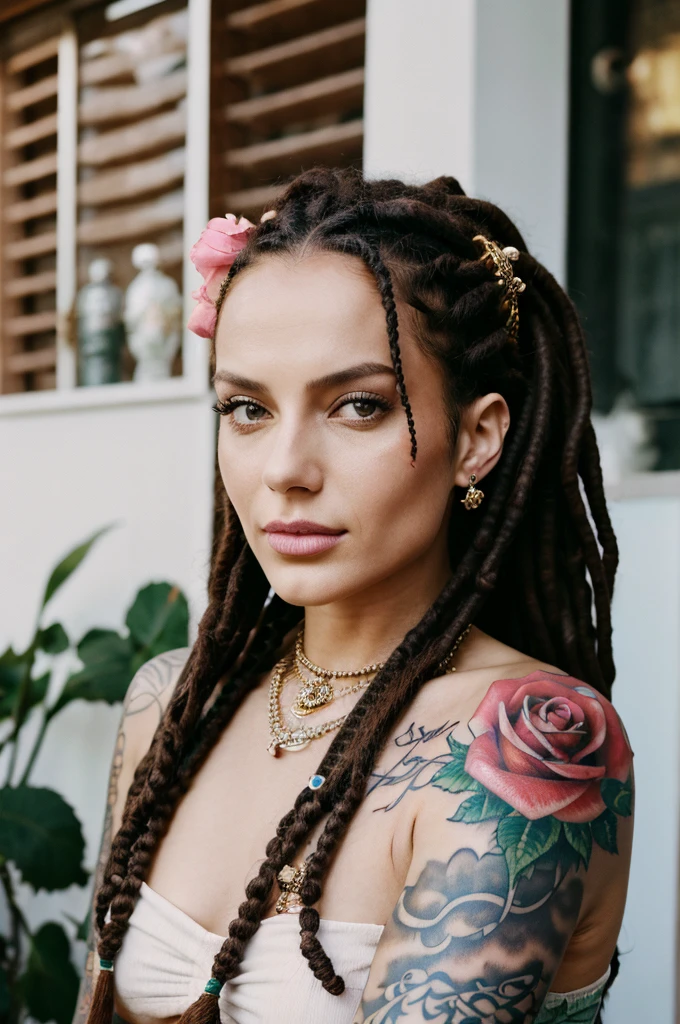 arafed woman with a rose tattoo on her arm and chest, hippie, dreadlocks, a tattoo inspired by Hedi Xandt, tumblr, massurrealism, anna nikonova aka newmilky, olga buzova, julia gorokhova, style of julia razumova, angelina stroganova, dasha taran, with tattoos