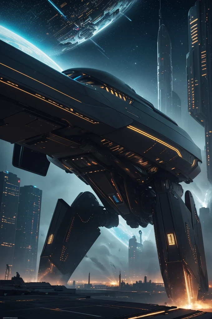 (best quality,4k,8k,highres,masterpiece:1.2),ultra-detailed,(realistic,photorealistic,photo-realistic:1.37),futuristic machine,advanced technology,metallic surface,shining lights,sci-fi atmosphere,colorful display panels,robotic arms,moving parts,high-tech interface,smooth curves,sharp edges,mechanical precision,electric blue color scheme,dynamic composition,dystopian city backdrop,urban landscape,hovering in mid-air,large scale,imposing presence,artificial intelligence,intergalactic exploration,space travel,otherworldly design,sleek aesthetics,innovative engineering,seamless integration,experimental propulsion,cosmic energy,blastoff to distant galaxies,extraterrestrial discoveries.