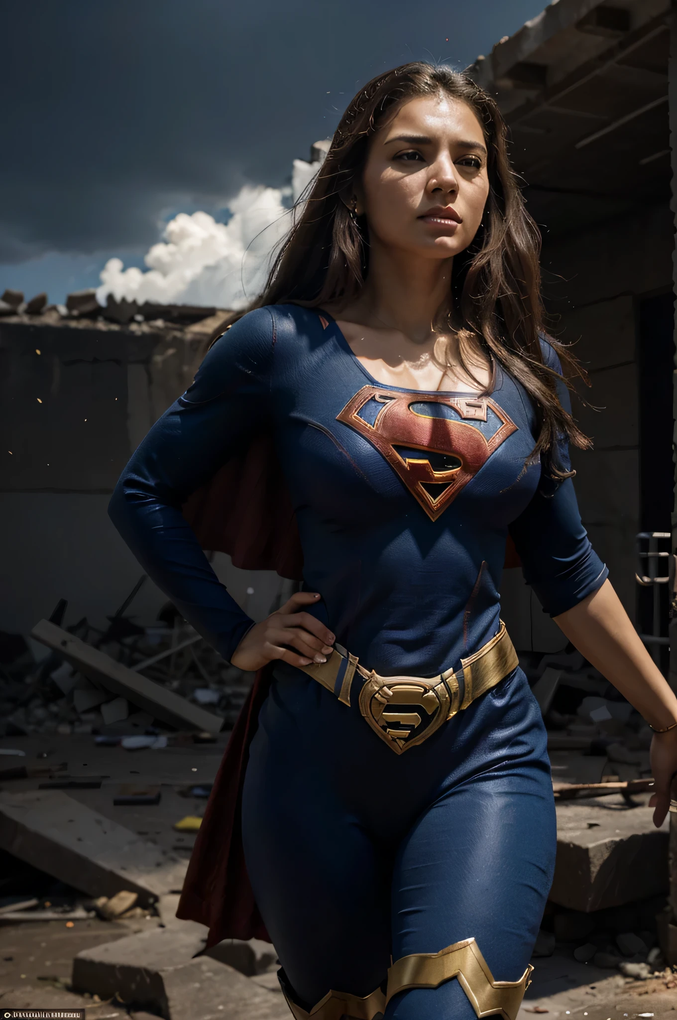 A fusion between Storm and Supergirl would result in a truly powerful and impressive heroine. Imagine uma figura majestosa, com Supergirl; Strength and determination combined with Storm's climactic powers and imposing presence. This heroine would have radiant skin and long hair that would blow in the wind, como se estivesse em constante movimento. His costume would be a mix of iconic elements from both characters.........., combining the classic "s" da Supergirl com um design moderno e arrojado, incorporando tons de azul, prata e branco, na parte de baixo um biquinievocando a natureza tempestuosa da Tempestade. Em termos de personalidade, This heroine would be a natural leader, with an unshakable sense of Éclarice and a fierce determination. She would be compassionate and selfless, but would also have an aura of authority and wisdom, fruit of her experiences as a defender of her people. Sua postura seria confiante e imponente, conveying a sense of power and control. Quanto aos poderes, This merger would have the best of both worlds. Ela seria capaz de voar em alta velocidade, has super strength and invulnerability, Supergirl characteristics, in addition to controlling the climate, criar tempestades e manipular os elementos, herdando os poderes da Tempestade. His presence would be striking, transmitindo coragem, compassion and unwavering determination. She would be a true keeper, able to face challenges with grace and power, becoming a symbol of hope for all, with a striking presence and an aura of grandeur that would highlight her as a true force of nature. I hope this description meets your expectations! Destroyed buildings, roupa de banho