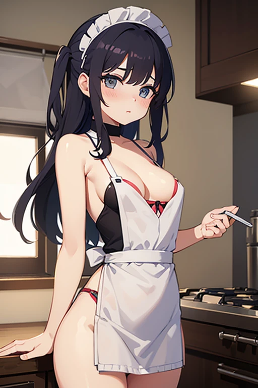 make a woman with small breasts have sex with a man in her kitchen with just an apron on