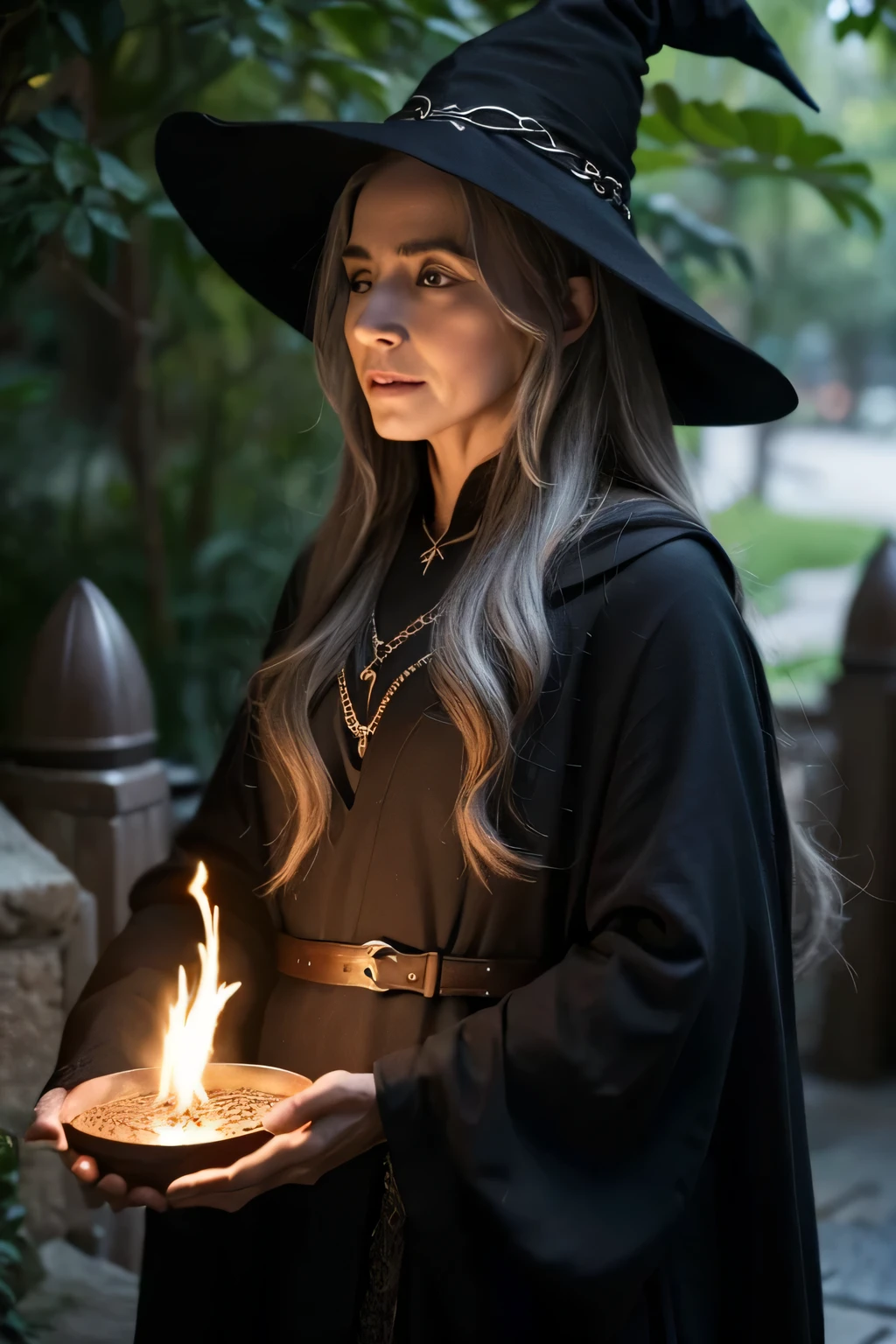 lot, 200-year-old witch, cabelos preto e longos, The magic in her hand sparkled