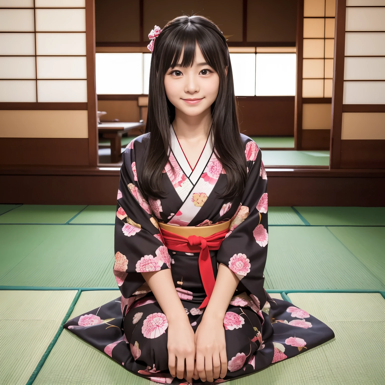 Best-quality, Masterpiece, Ultra-High-Resolution, (Photorealistic:1.4), Raw-Photo, Extremely-Detaied, Perfect-Anatomy, front view, 1girl, 18-years-old, the most popular Japanese idol, wearing only Japanese-KIMONO with cute-pattern, sit in SEIZA-position, in Japanese-style room, on Japanese-TATAMI-mat, looking at viewer, innocent smile, extremely cute face like a most famous Japanese idol, extremely beautiful big black solid circle eyes, extremely beautiful hair, detailed Japanese-KIMONO-with-cute-pattern, detailed SEIZA-position, detailed Japanese-style-room, detailed Japanese-TATAMI-mat