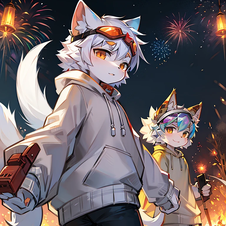 white cat，Spring festival，White hooded sweatshirt，ember，protective goggles，early evening，fire works，soio，yuki