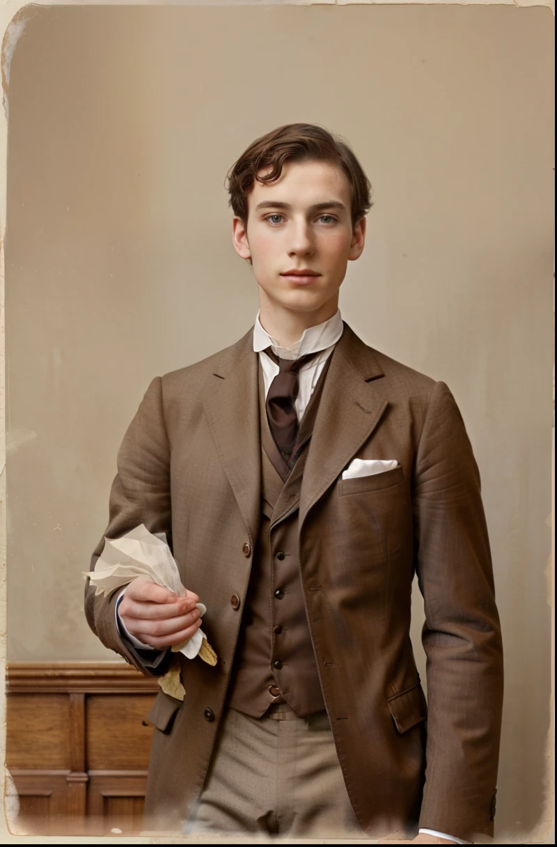 thin and nervous British aristocratic guy of 17 years old, in a brown suit with a white high collar, pale gray eyes, Victorian era 1886.., colored photo