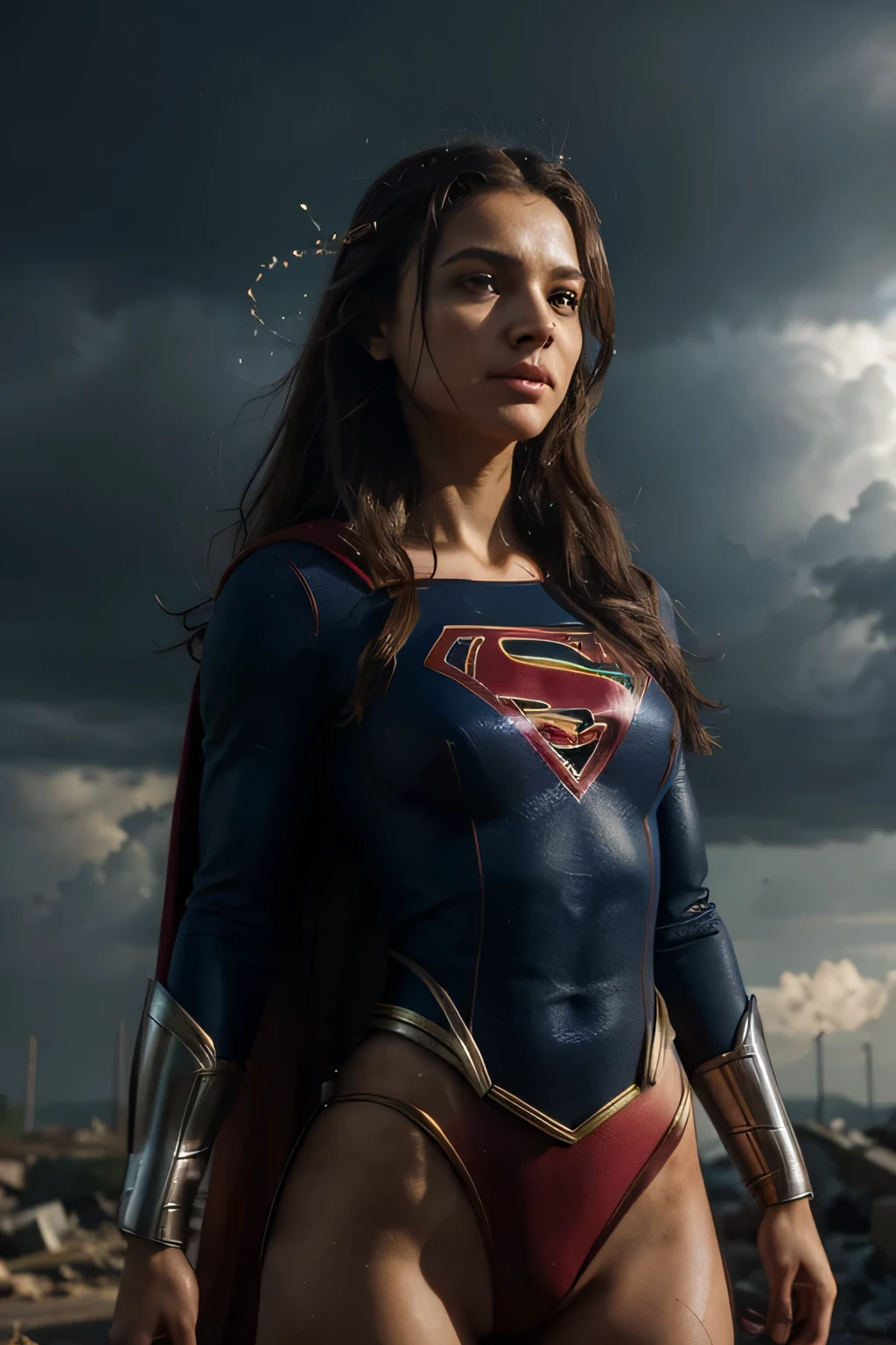 A fusion between Storm and Supergirl would result in a truly powerful and impressive heroine. Imagine uma figura majestosa, com Supergirl; Strength and determination combined with Storm's climactic powers and imposing presence. This heroine would have radiant skin and long hair that would blow in the wind, como se estivesse em constante movimento. His costume would be a mix of iconic elements from both characters.........., combining the classic "s" da Supergirl com um design moderno e arrojado, incorporando tons de azul, prata e branco, na parte de baixo um biquinievocando a natureza tempestuosa da Tempestade. Em termos de personalidade, This heroine would be a natural leader, with an unshakable sense of Éclarice and a fierce determination. She would be compassionate and selfless, but would also have an aura of authority and wisdom, fruit of her experiences as a defender of her people. Sua postura seria confiante e imponente, conveying a sense of power and control. Quanto aos poderes, This merger would have the best of both worlds. Ela seria capaz de voar em alta velocidade, has super strength and invulnerability, Supergirl characteristics, in addition to controlling the climate, criar tempestades e manipular os elementos, herdando os poderes da Tempestade. His presence would be striking, transmitindo coragem, compassion e determinação inabalável. She would be a true keeper, able to face challenges with grace and power, becoming a symbol of hope for all, with a striking presence and an aura of grandeur that would highlight her as a true force of nature. I hope this description meets your expectations! Destroyed buildings,roupa de banho,sensual,sexy, amor, passion
