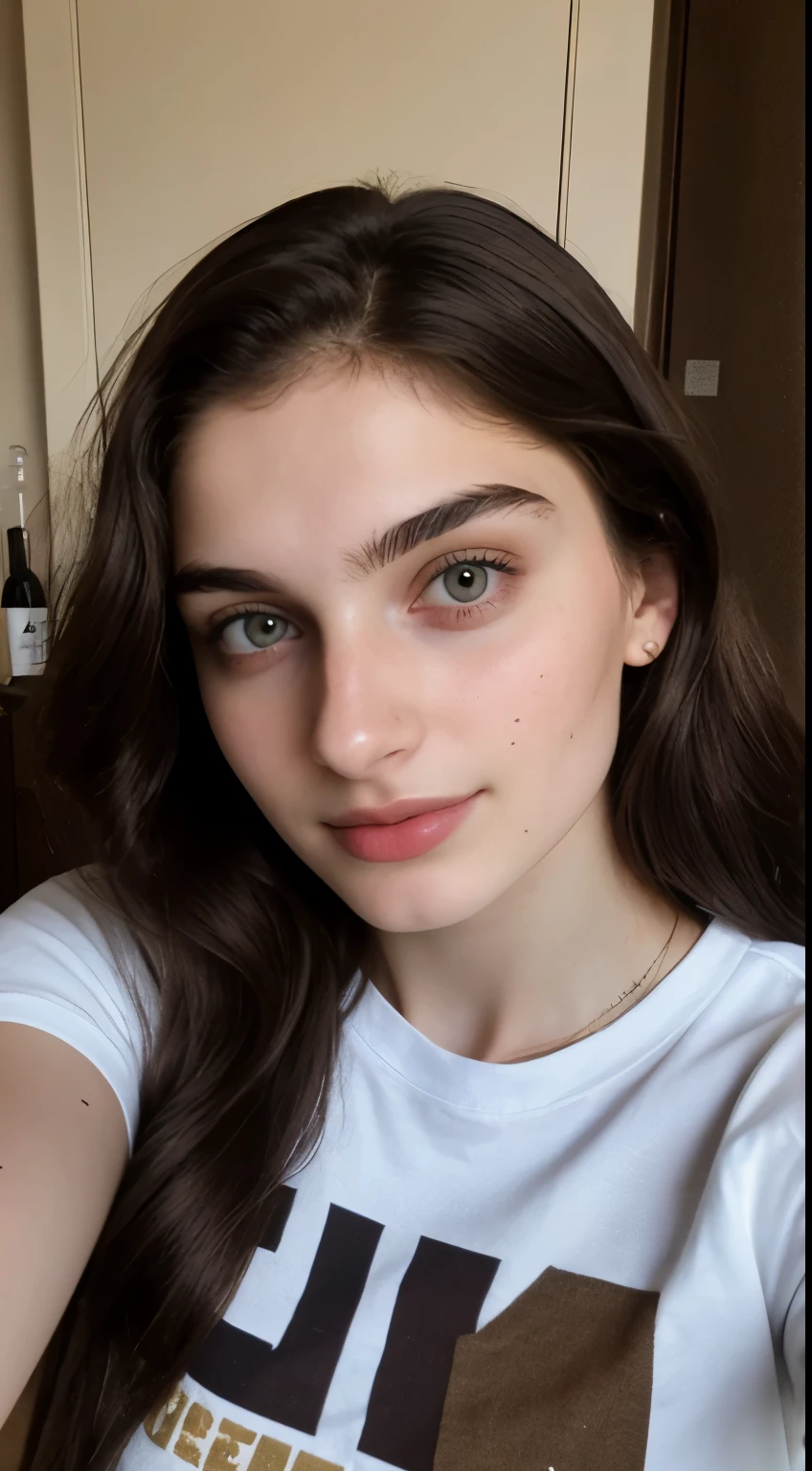 ((Front facing camera selfie)), 18 yo girl named Zahra Amiri, (straight nose), (prominent nose bridge), (female face golden ratios), long dense dark brown hair, (pale skin:1.25), (hazel eyes), thin eyebrows, high cheekbones, beautiful plump lips, big natural breasts, wearing tshirt, apartment background, smirk