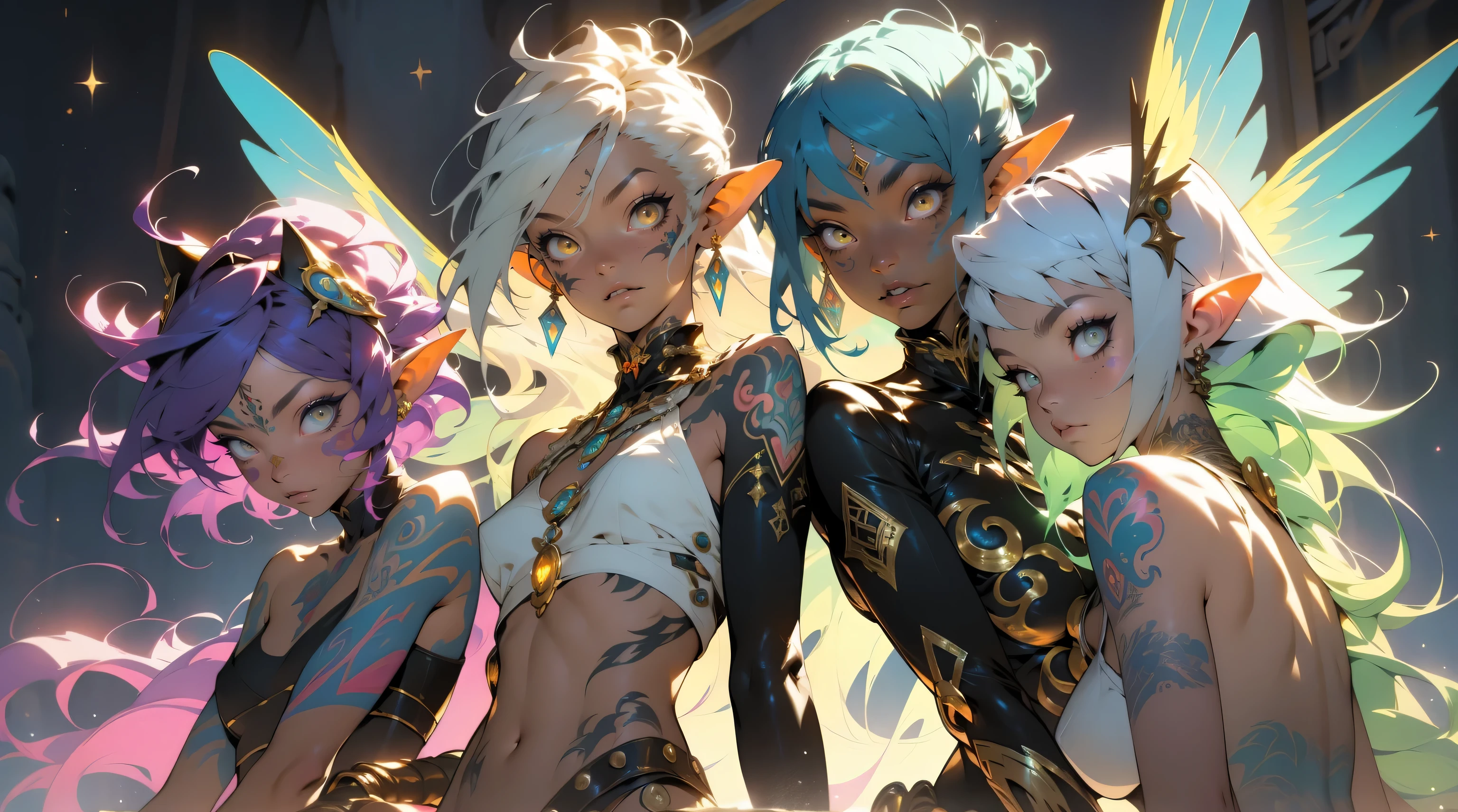 three beautiful elf females 20 years old, nudist, no clothes, extreme abs, cute face, crazy hair, colored hair, yellow eyes, deep fashion, cyberspace, surreal, virtual reality, Holographic Symphony, video game, crazy colors, SteamPunk Schematics, ribbons, tattoes, many tattoos, extreme tattoos, NanoSorcerer's Symphony, full body tattoos, Data Landscapes, beautiful tattoos, weird perspective, dramatic light, dungeons and dragons, quest, adventurers, action, playfull, cute, profound, cat ears, Pixel Potions and Portals, dramatic glowing halos, colorful angelic wings, group photo, temple, magical energies, witchcraft, permanent love energy, Quantum Perspectives