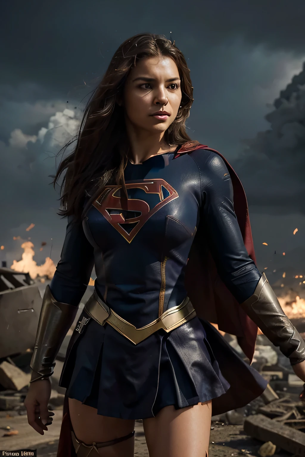 A fusion between Storm and Supergirl would result in a truly powerful and impressive heroine. Imagine uma figura majestosa, com Supergirl; Strength and determination combined with Storm's climactic powers and imposing presence. This heroine would have radiant skin and long hair that would blow in the wind, como se estivesse em constante movimento. His costume would be a mix of iconic elements from both characters.........., combining the classic "s" da Supergirl com um design moderno e arrojado, incorporando tons de azul, prata e branco, na parte de baixo um biquinievocando a natureza tempestuosa da Tempestade. Em termos de personalidade, This heroine would be a natural leader, with an unshakable sense of Éclarice and a fierce determination. She would be compassionate and selfless, but would also have an aura of authority and wisdom, fruit of her experiences as a defender of her people. Sua postura seria confiante e imponente, conveying a sense of power and control. Quanto aos poderes, This merger would have the best of both worlds. Ela seria capaz de voar em alta velocidade, has super strength and invulnerability, Supergirl characteristics, in addition to controlling the climate, criar tempestades e manipular os elementos, herdando os poderes da Tempestade. His presence would be striking, transmitindo coragem, compassion e determinação inabalável. She would be a true keeper, able to face challenges with grace and power, becoming a symbol of hope for all, with a striking presence and an aura of grandeur that would highlight her as a true force of nature. I hope this description meets your expectations! Destroyed buildings,roupa de banho,sensual,sexy, amor, passion