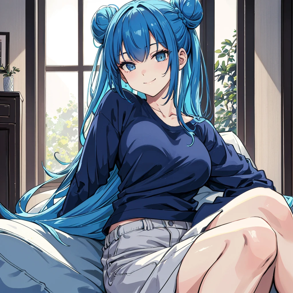 on couch, underwear, smirk, focus on face, bangs, hair circle, blue hair, hair in bun, oversized shirt, mature