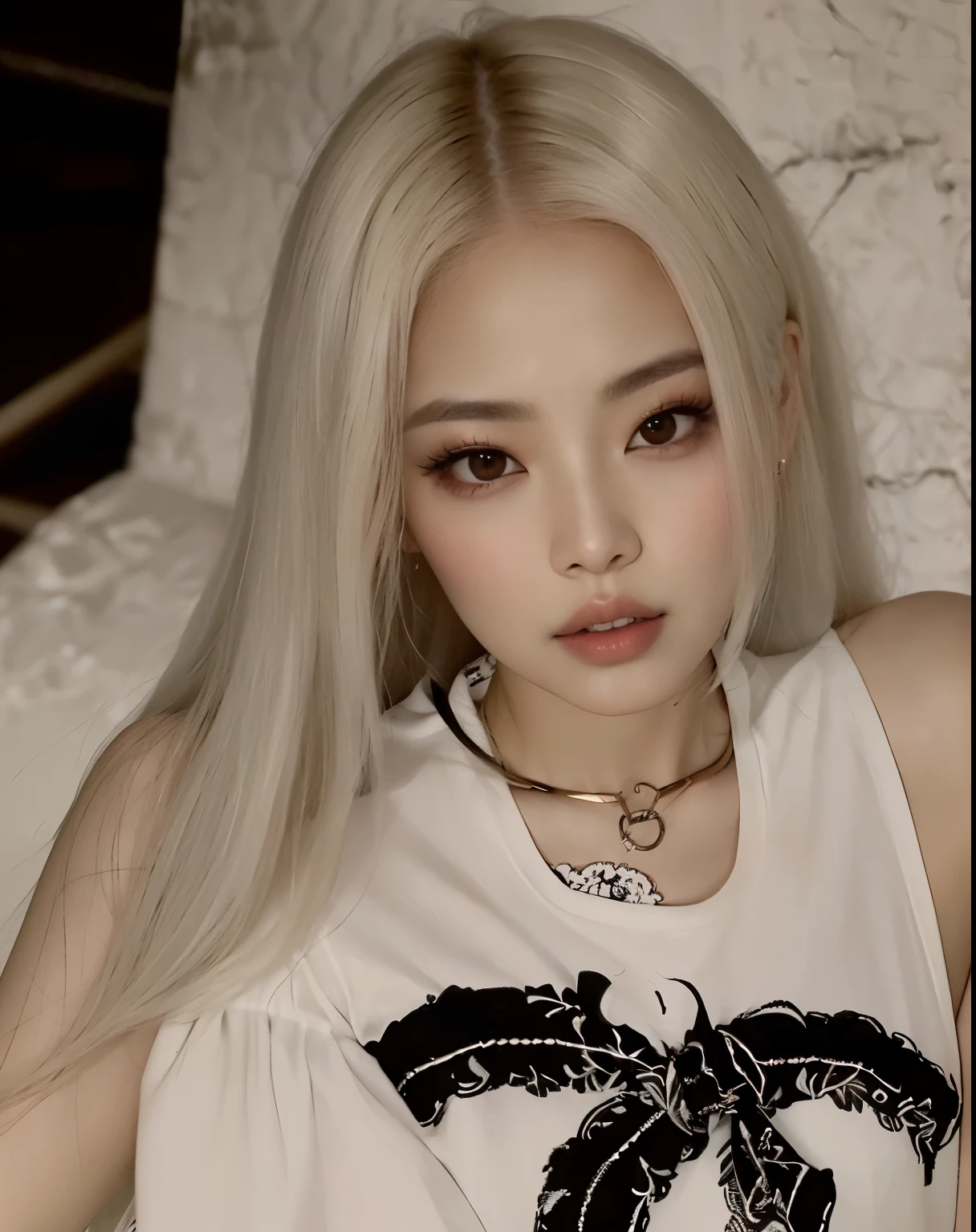 um close up de uma mulher com longos cabelos loiros vestindo uma camisa branca, retrato de Jossi de Blackpink, Parque Roseanne do Blackpink, jennie blackpink, Jossi de Blackpink, Your hair is white, Retrato de Kim Petras, tem cabelos loiros, Cl, com longos cabelos brancos, cabelos muito loiros, very pale, com longos cabelos brancos, cruel korean goth girl, jia