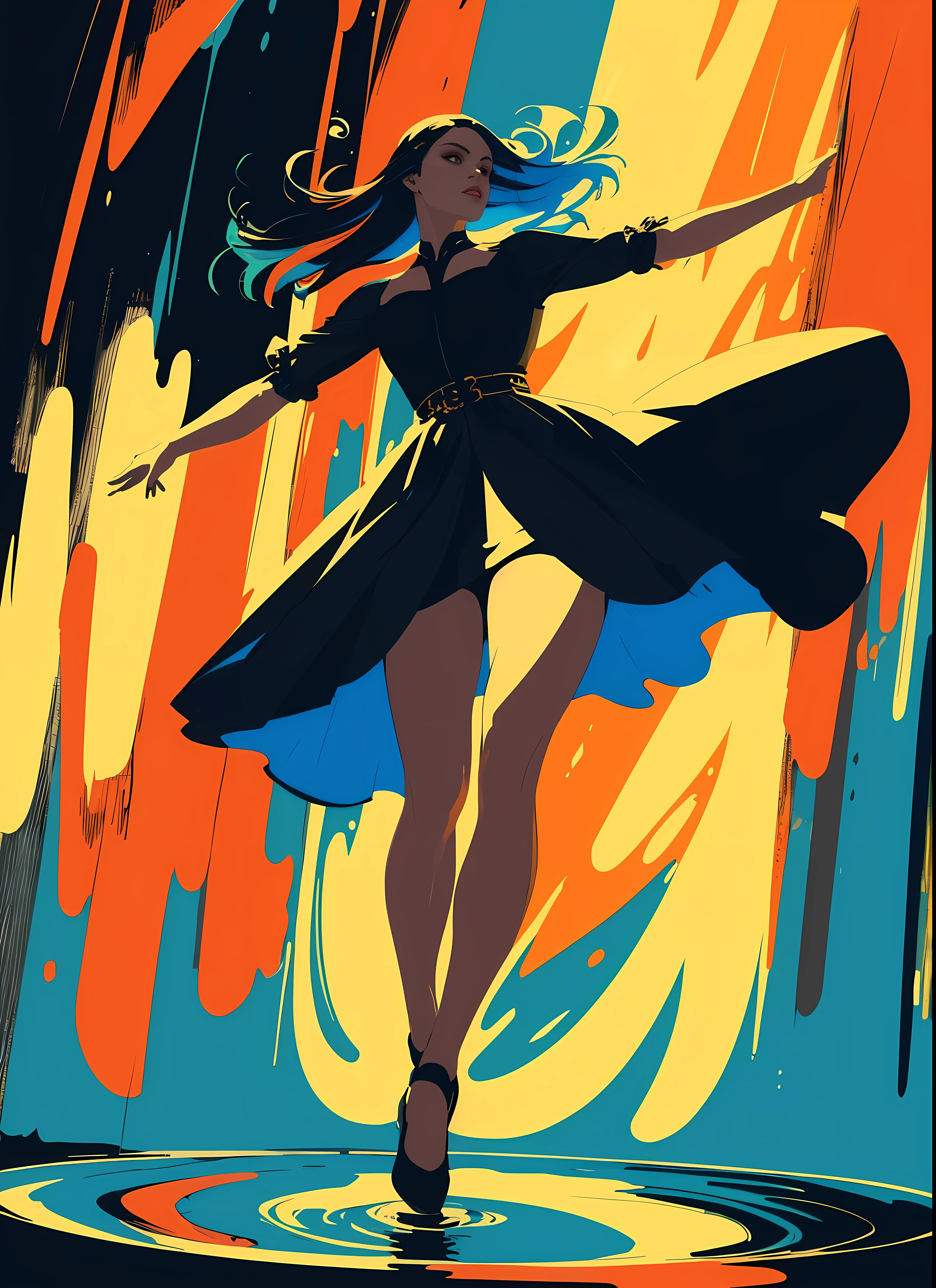 (masterpiece, best quality:1.35), (flat color:1.27), (colorful:1.35), looking at viewer, 1girl, (((solo))), floating in colorful water, (2D:1.25), perfect lighting, perfect shading, (realistic:1.2), (mature :1.37), dynamic pose, (detailed, intricate), beautiful, gorgeous stunning, cinematic, epic, (perfect body, perfect legs), (Photorealistic:1.5), (mature :1.37), centered, (sketch, illustration),