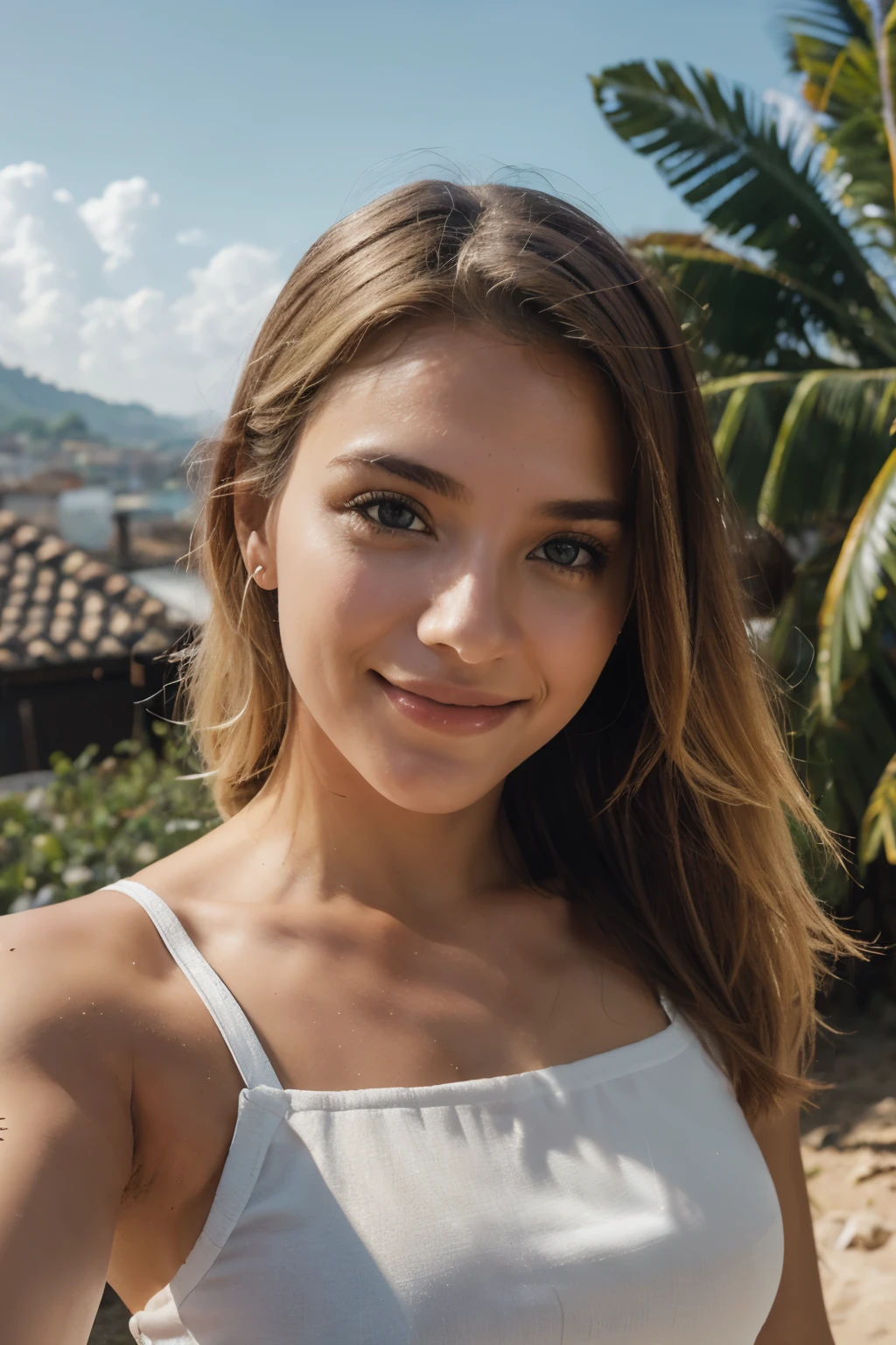 fotorrealista, best quality, hiper detalhado, Gorgeous blonde woman, foto selfie, sorrindo, parte superior do corpo, sozinho, clear sky, analogue style, Olhando para o Viewer, textura da pele, filmic grain, fechar para cima, ultra high-resolution, Melhor sombra, .RAW, LUT do instagram, com fundo suavemente desfocado