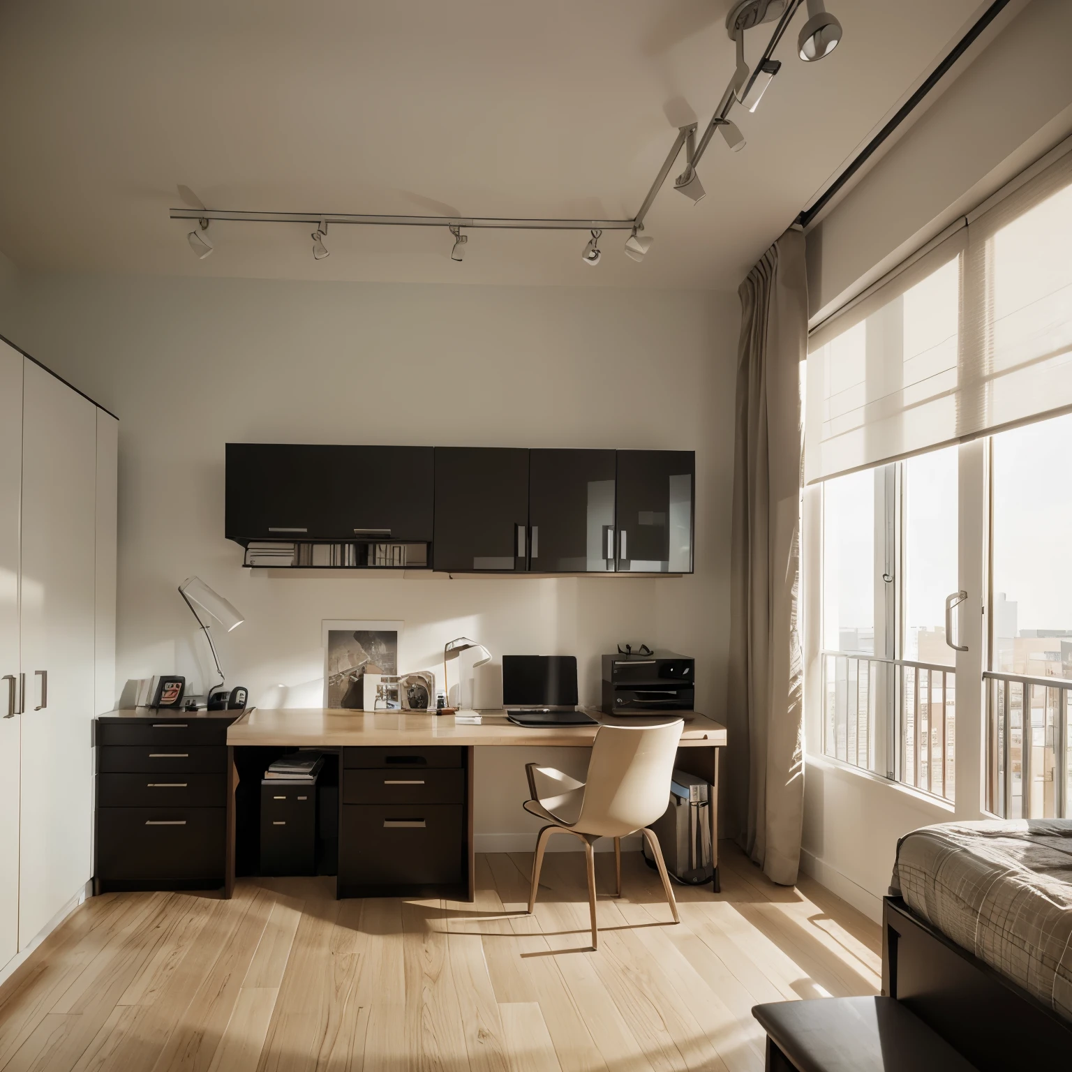 Guy bedroom, one bed, one desk, one dresser, two arm chairs, modern design, vray, daylight, modern light colors walls, modern furniture