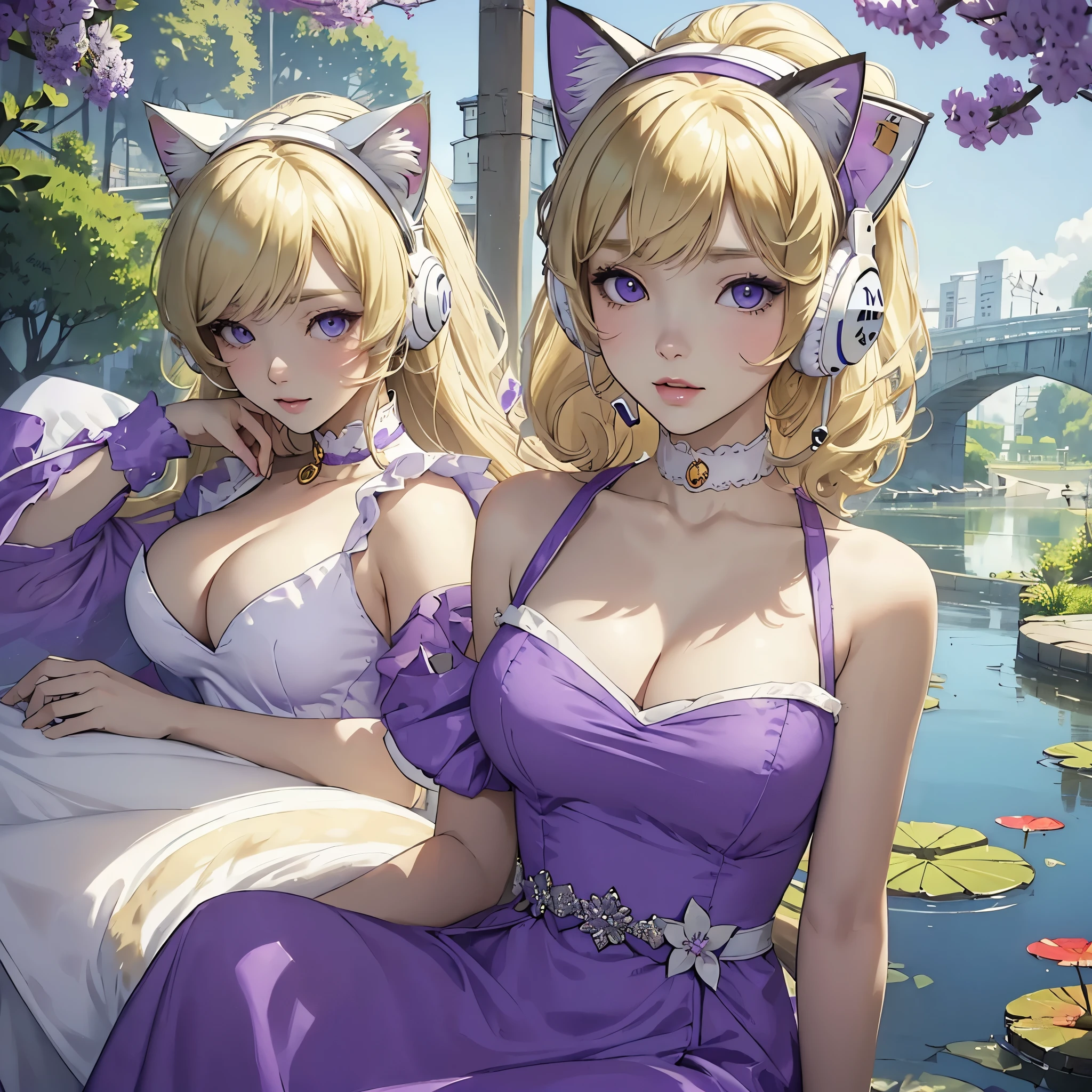 Masterpiece, best quality, (((White Headphone))), (((Blonde))), (((Korean))), (((Cat Girl))), (((purple dress))), cleavage, (((Beautiful face))), pond,