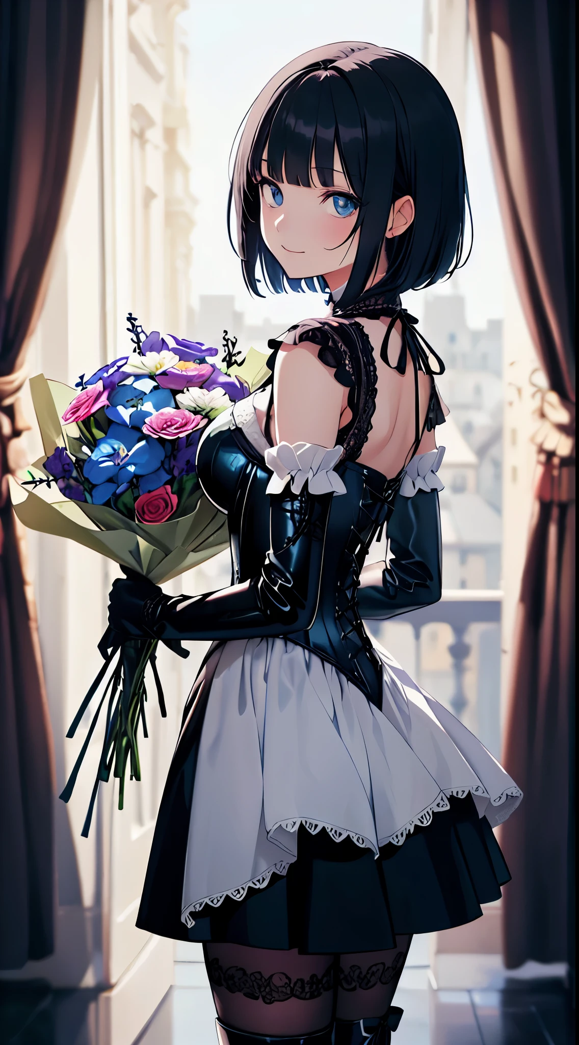 A gothic maiden anime young girl, dark blue and short bob hair, blunt bangs, (Sanpaku blue eyes:1.3), unpleasant smile, BREAK
Standing with your back straight, (holding a very large bouquet of flowers: 1.5), BREAK
Perfect anatomy, (black dress in gothic style with detailed lacework and embroidery, multi-layers of fabrics:1.5), (black latex gloves:1.2), (lace-up boots:1.2), (corset:1.5), BREAK
Shallow depth of fields, soft focus, incredibly absurdres, super detailed illustration, extra detailed face, super detailed illustration, extra detailed face, raw photography, DeviantArt trends, natural soft light.