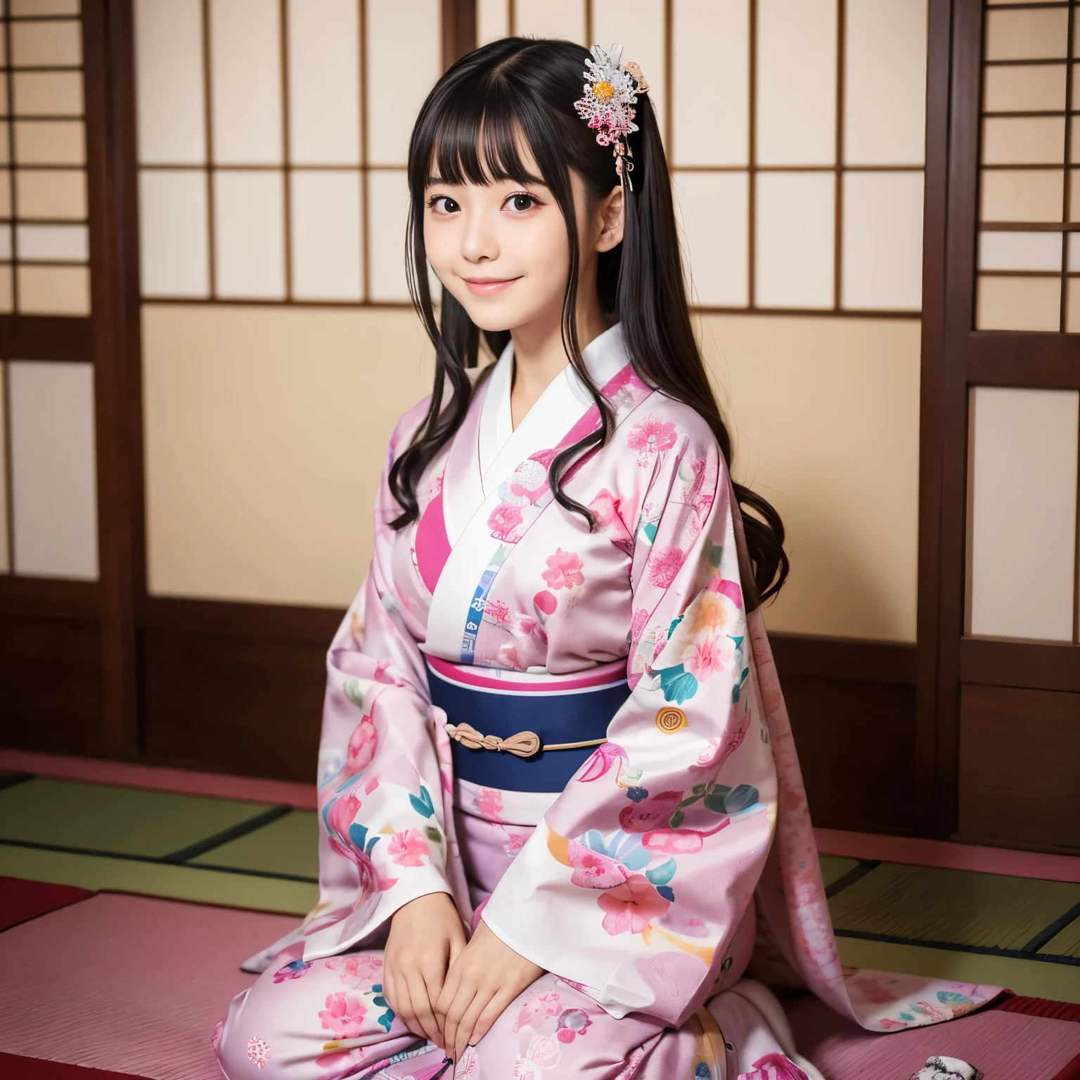 Best-quality, Masterpiece, Ultra-High-Resolution, (Photorealistic:1.4), Raw-Photo, Extremely-Detaied, Perfect-Anatomy, front view, 1girl, 18-years-old, the most popular Japanese idol, wearing only Japanese-KIMONO with cute-pattern, sit in SEIZA-position and bowing down in Japanese-style room, looking at viewer, innocent smile, extremely cute face like a most famous Japanese idol, extremely beautiful big black solid circle eyes, extremely beautiful hair, detailed Japanese-KIMONO-with-cute-pattern, detailed SEIZA-position, detailed Japanese-style-room