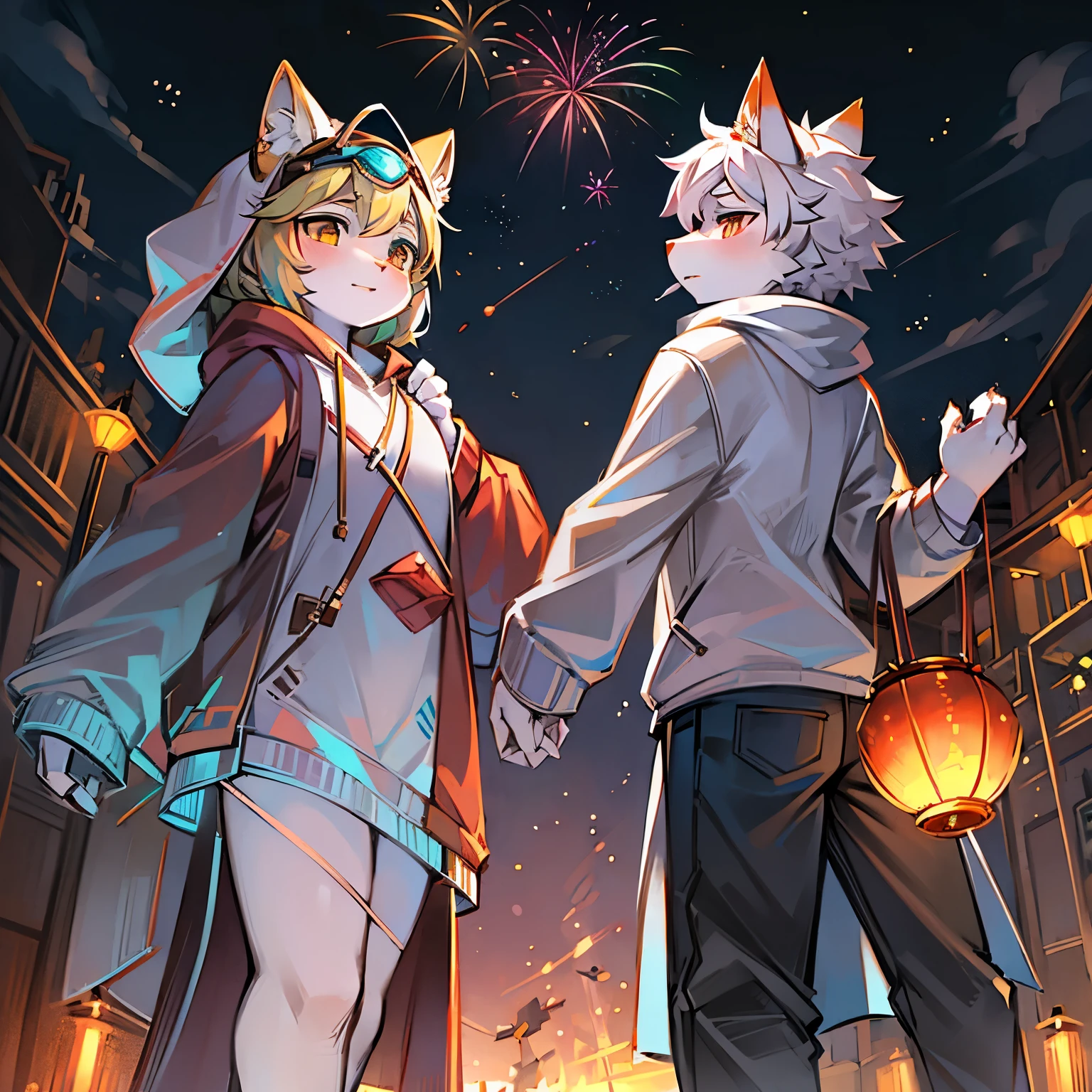 white cat,Spring festival,White hooded sweatshirt,ember,protective goggles,early evening,fire works,soio,yuki