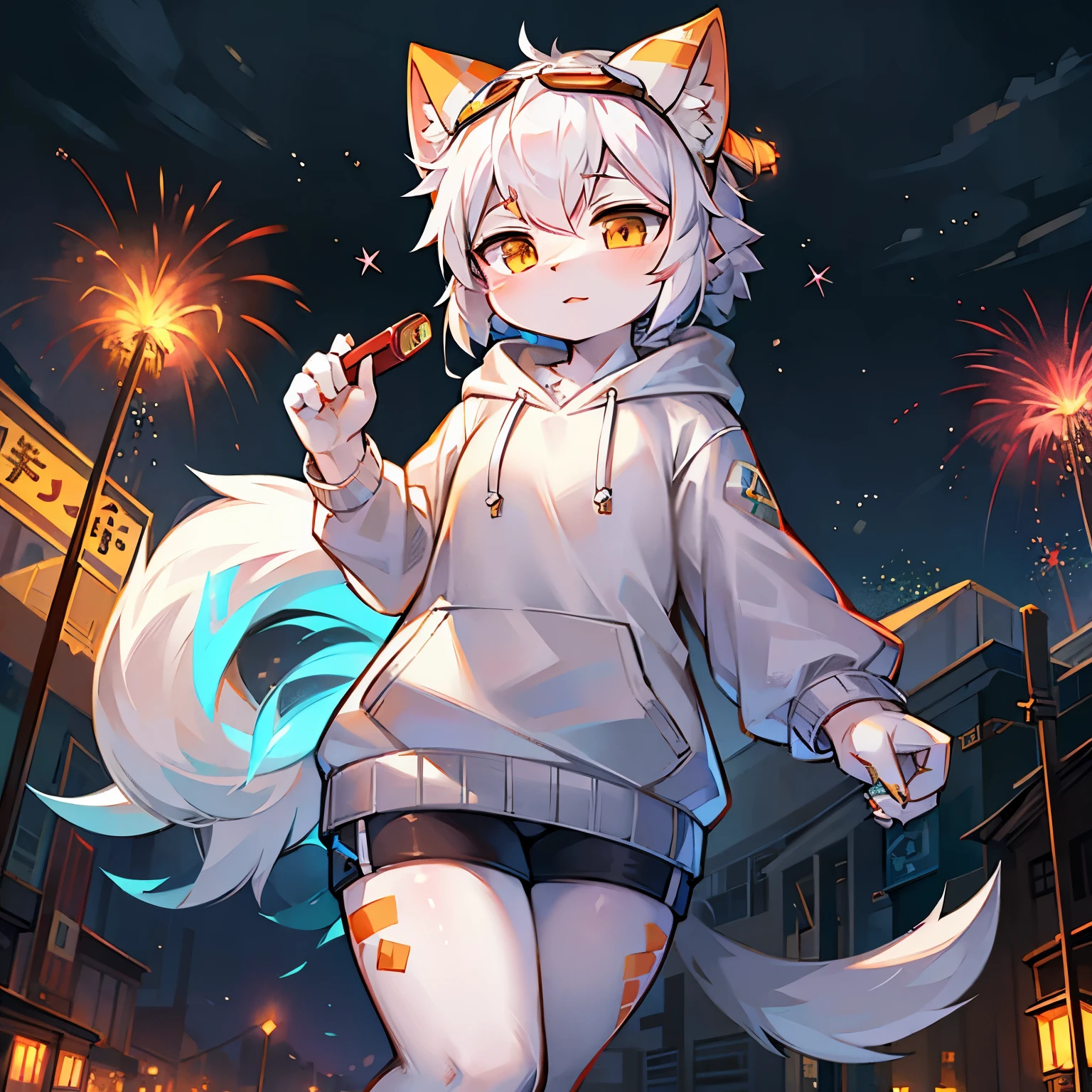 Best quality，Masterpiece，nude naked no clothes，Manteau blanc，(Fox facial features，Physical characteristics of a fox，Hair and shoulder length)，Small stature，bit girl，((White body，White arms，White legs，White eyes, White fox tail))，beach background at night, fireworks in sky, female, furry, anthro, legs spread, sitting down, knees up, blushing, small breasts,
