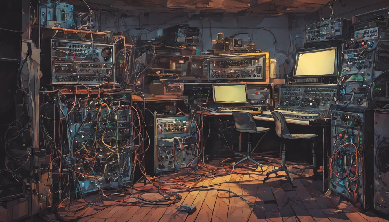 a comicbook illustration of a weird-shaped modular synthesizer with colored cables in a shady and dirty room in a cheap hotel, best quality, highly detailed, masterpiece,trending on artstation, digital art, digital illustration, storybook illustration,