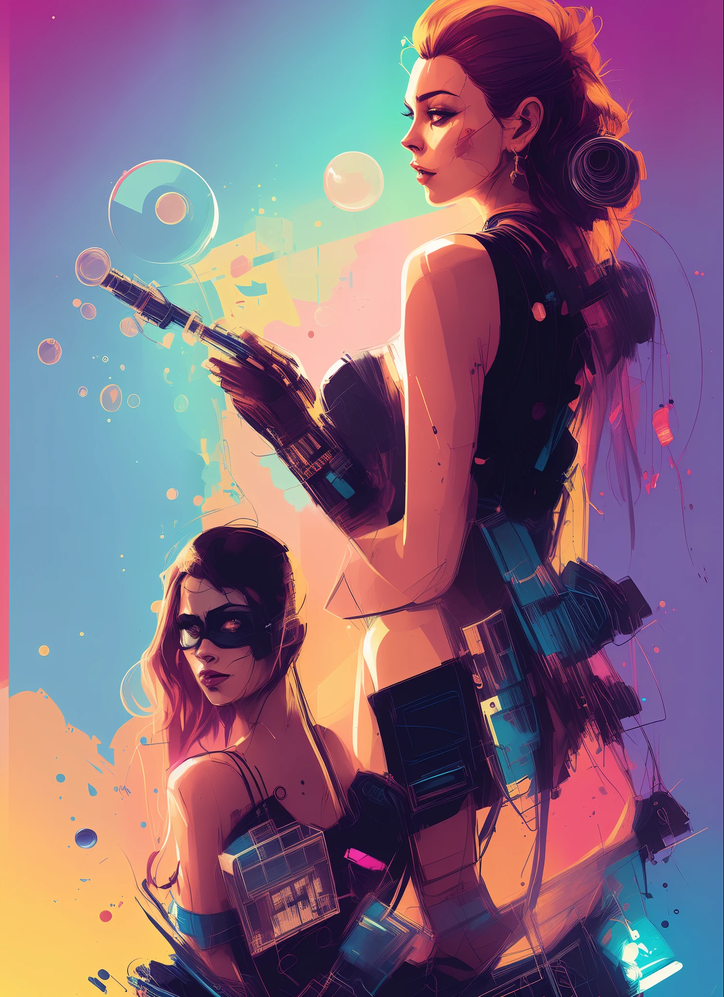 snthwve style nvinkpunk drunken beautiful woman as delirium from sandman, (hallucinating colorful soap bubbley jeremy mann, by sandra chevrier, by dave mckean and richard avedon and maciej kuciara, punk rock, tank girl, high detailed, 8k