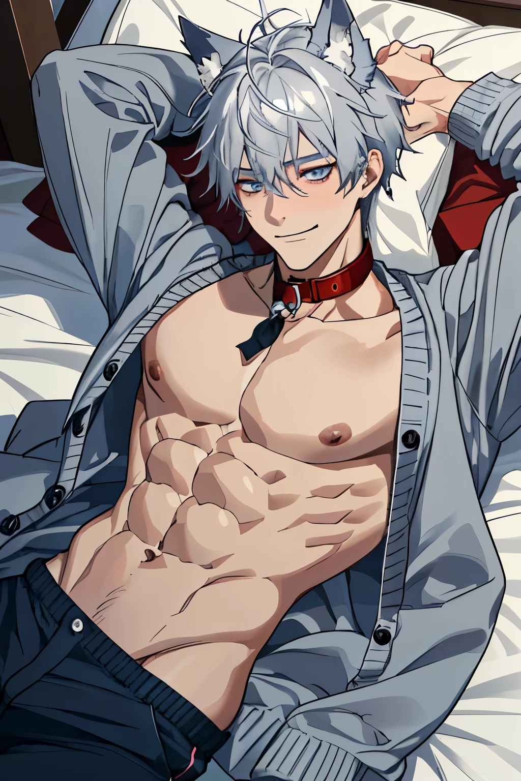 1 boy, male people,  Muscle tissue发达, very short gray hair, Wolf ears，Wolf's tail，blue colored eyes, white skinned, sports student，homosexuality ，cardigan shirt, Muscle tissue，Abs，Collar，unbuttoned pants, A satisfied smile, sexy for, Lie down in bed，Be red in the face，A smug expression，