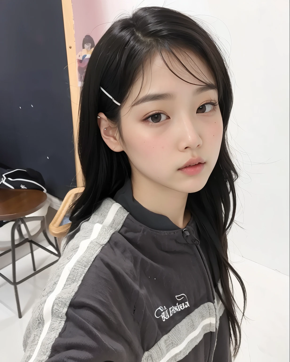 There's a young girl with a clip in her hair, Ulzzang, Jinyoung Canela, wan adorable korean face, Sakimichan, Jaeyeon Nam, Ela tem cabelo preto com franja, young adorable korean face, menina coreana, Foto selfie 8k, cabelo arrumado com franja, Kim Doyoung, young cute wan asian face, Wide head