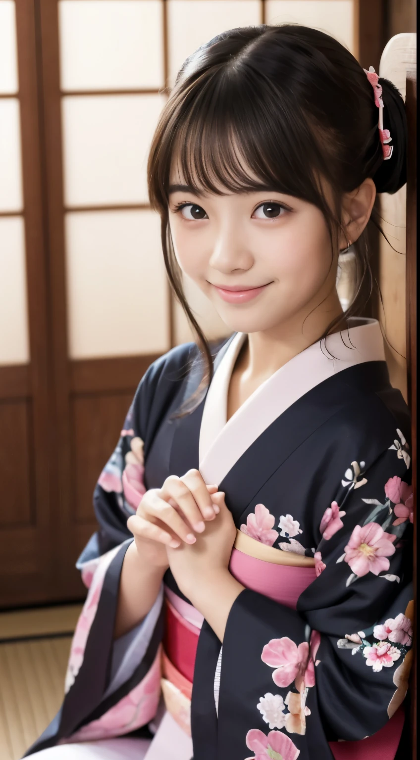 Best-quality, Masterpiece, Ultra-High-Resolution, (Photorealistic:1.4), Raw-Photo, Extremely-Detaied, Perfect-Anatomy, front view, 1girl, 18-years-old, the most popular Japanese idol, wearing only Japanese-KIMONO with cute-pattern, sit in SEIZA-position and bowing down in Japanese-style room, looking at viewer, innocent smile, extremely cute face like a most famous Japanese idol, extremely beautiful big black solid circle eyes, extremely beautiful hair, detailed Japanese-KIMONO-with-cute-pattern, detailed SEIZA-position, detailed Japanese-style-room