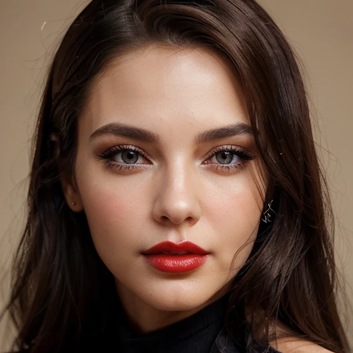 "Design a beautiful digital model. The model's face should have an attractive, sweet, and mature expression. Make the character unique, especially with prominent, red lips. The overall appearance of the model should be graceful and aesthetic. The eyes should be green. Create a realistic portrait with detailed expression lines and signs of maturity."