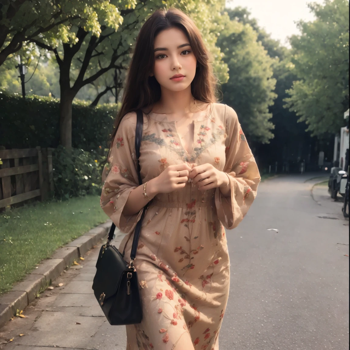 Indian model, walking on the way to home night view,light orange embroidery design dress, leather brown bag in hand ,highly detailed,HDR 8k, natural colours gathering