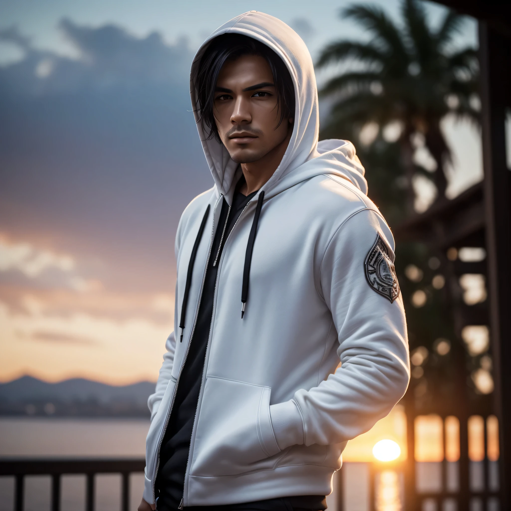 (masterpiece), (extremely intricate:1.3), (realistic), portrait of a modern assasin, the most handsome in the world, (in white hoodie), upper body, outdoors, intense sunlight, far away supra, professional photograph of a modern assasin in white hoodie detailed, sharp focus, dramatic, award winning, cinematic lighting, octane render unreal engine, volumetrics dtx, (film grain, blurry background, blurry foreground, bokeh, depth of field, sunset, motion blur:1.3), chainmail