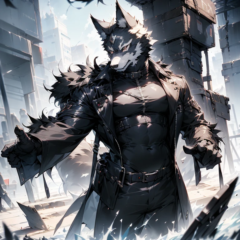 Tall and muscular, anthro wolf furry, black fur, wearing black trench coat and black pants with black boots and black gloves, wearing a black leather wolf mask