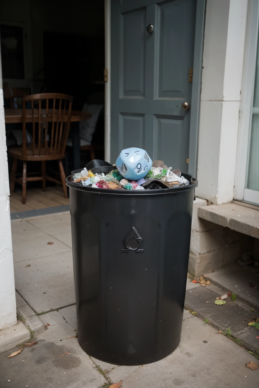 A garbage can with a D20 that is on a 1