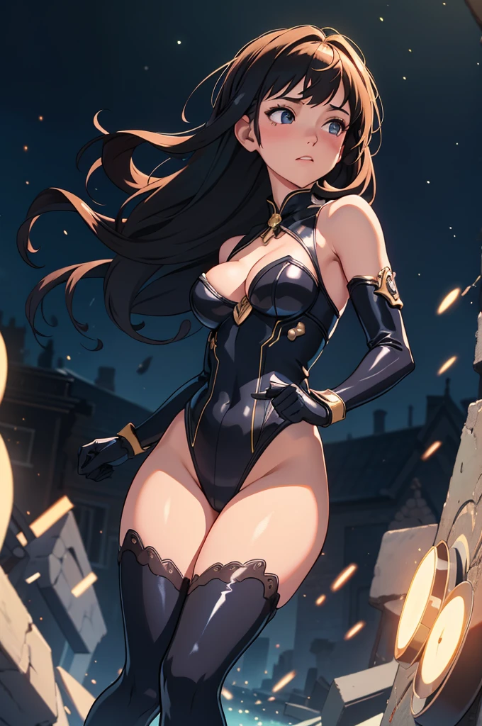 masterpiece), best quality, highly detailed, detailed background, cinematic lighting, outdoor, 1girl, medium hair, medium breasts, leotard, bare legs, gloves, light particles. glow, magician, tuxedo, sparkling