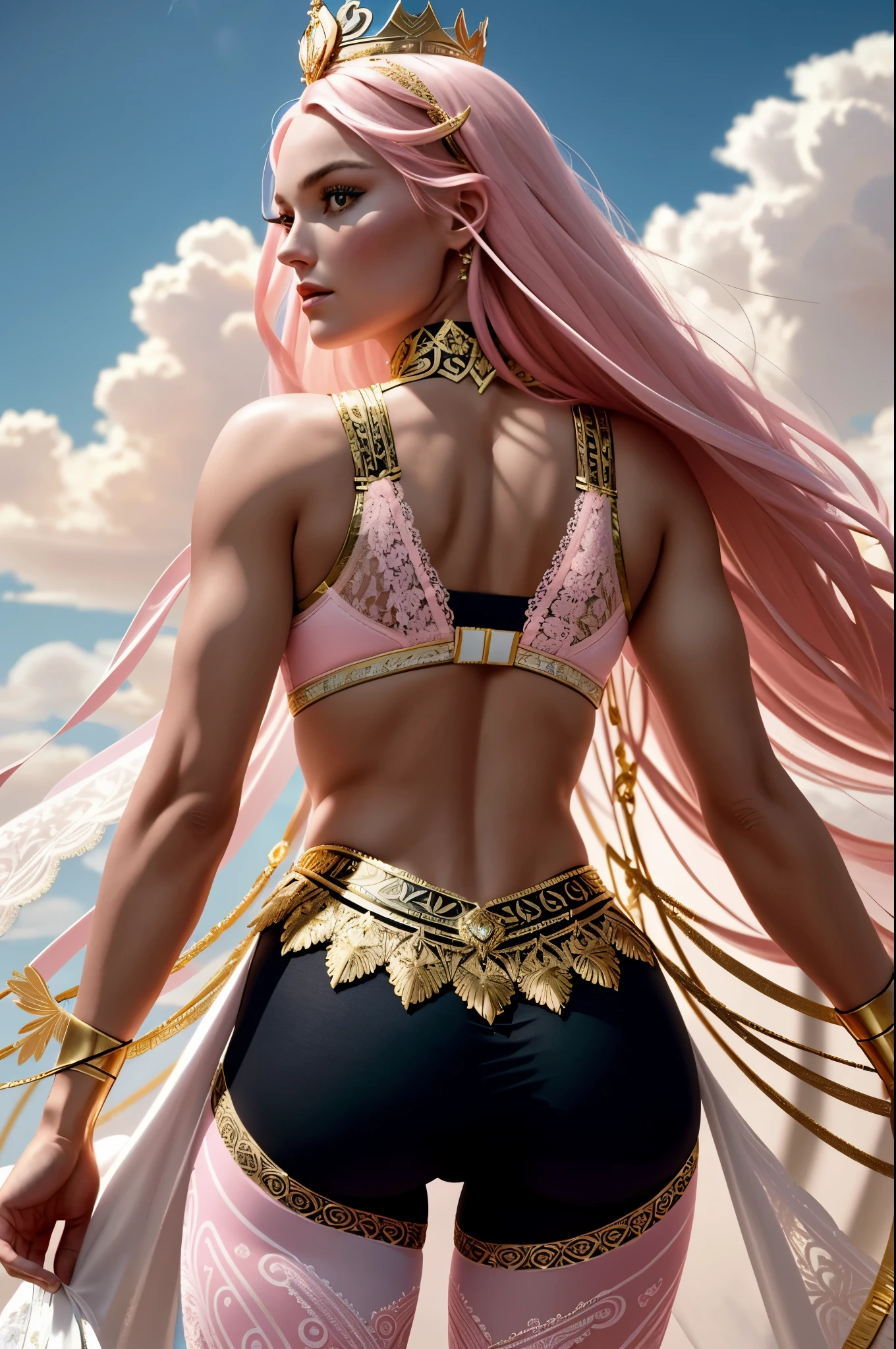 (Best Quality, 8K, Masterpiece, Ultra HD: 1.3, Ultra quality cinematic lighting, Huge detail, Well lit, 35mm, sharp, hyper realistic, epic scale, insane level of details, beautiful detailed girl, very detailed eyes and face, beautiful detailed eyes, ultra detailed skin, realistic skin), ({desert dunes|clouds}), Lindsey Vonn as a MYTHOLOGICAL DIVA in a golden crown, hair floating into the sky, stands with his back, camera films from behind, athletic, smoothly defined musculature, full body perspective, (pink matte bra and pink matte high waisted panties with gold complex intricate pattern), (white matte detailed tights with complex intricate pattern and lace)