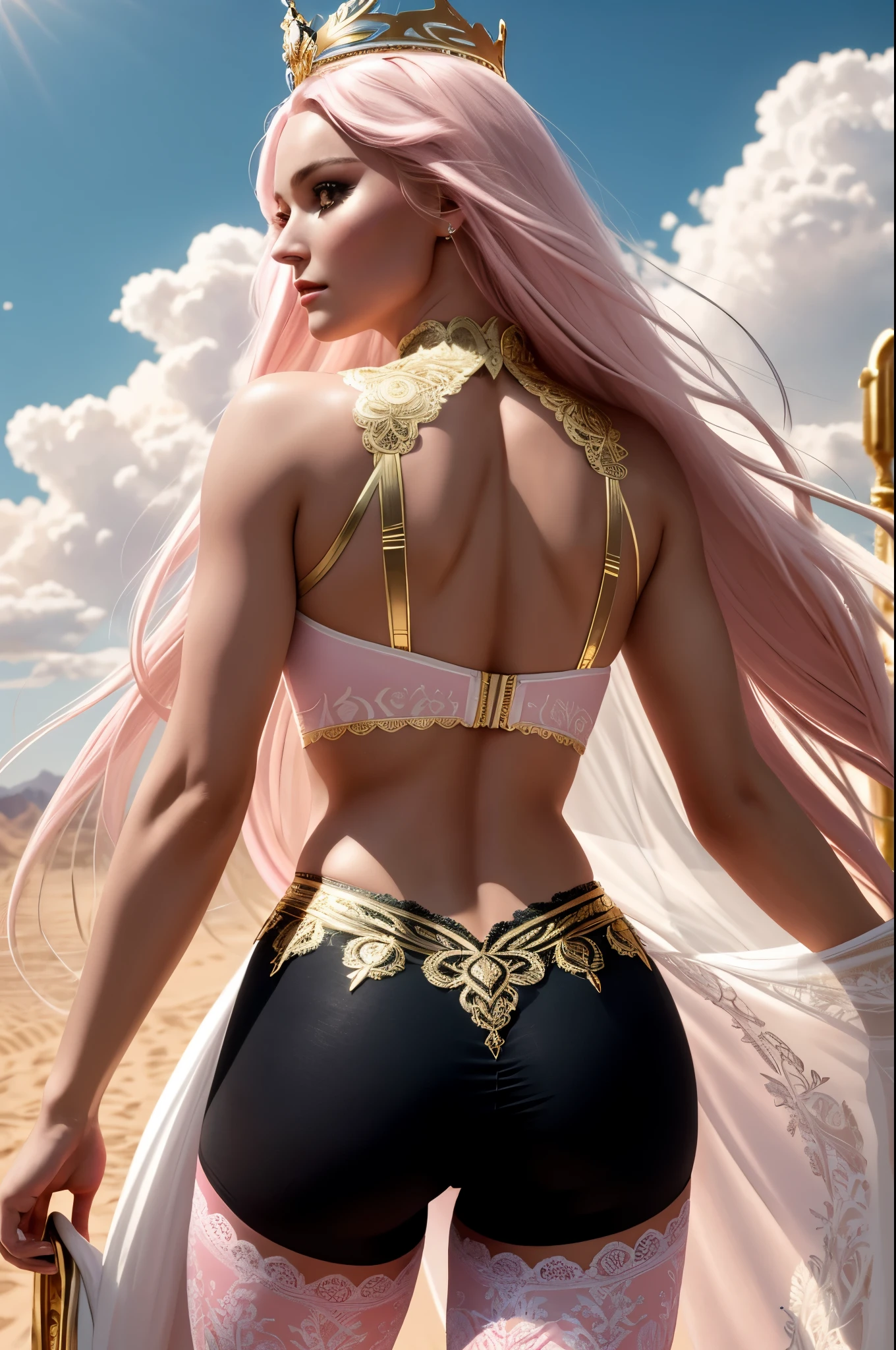 (Best Quality, 8K, Masterpiece, Ultra HD: 1.3, Ultra quality cinematic lighting, Huge detail, Well lit, 35mm, sharp, hyper realistic, epic scale, insane level of details, beautiful detailed girl, very detailed eyes and face, beautiful detailed eyes, ultra detailed skin, realistic skin), ({desert dunes|clouds}), Lindsey Vonn as a MYTHOLOGICAL DIVA in a golden crown, hair floating into the sky, stands with his back, camera films from behind, athletic, smoothly defined musculature, full body perspective, (pink matte bra and pink matte high waisted panties with gold complex intricate pattern), (white matte detailed tights with complex intricate pattern and lace)